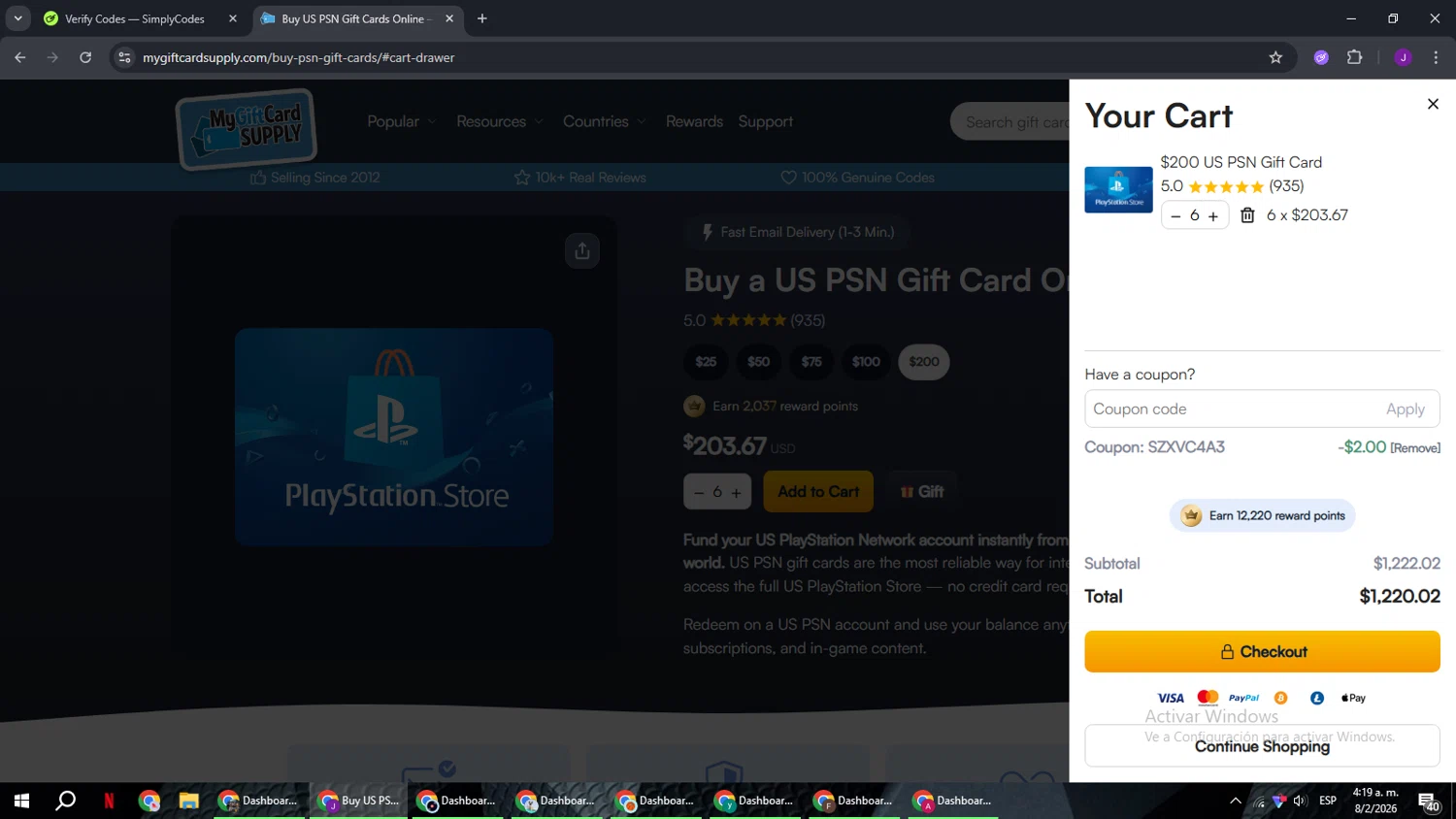 MyGiftCardSupply promo code screenshot showing code szxvc4a3 applied at MyGiftCardSupply checkout page. Uploaded by SimplyCodes community member ComeBurra123 on Feb 8, 2026