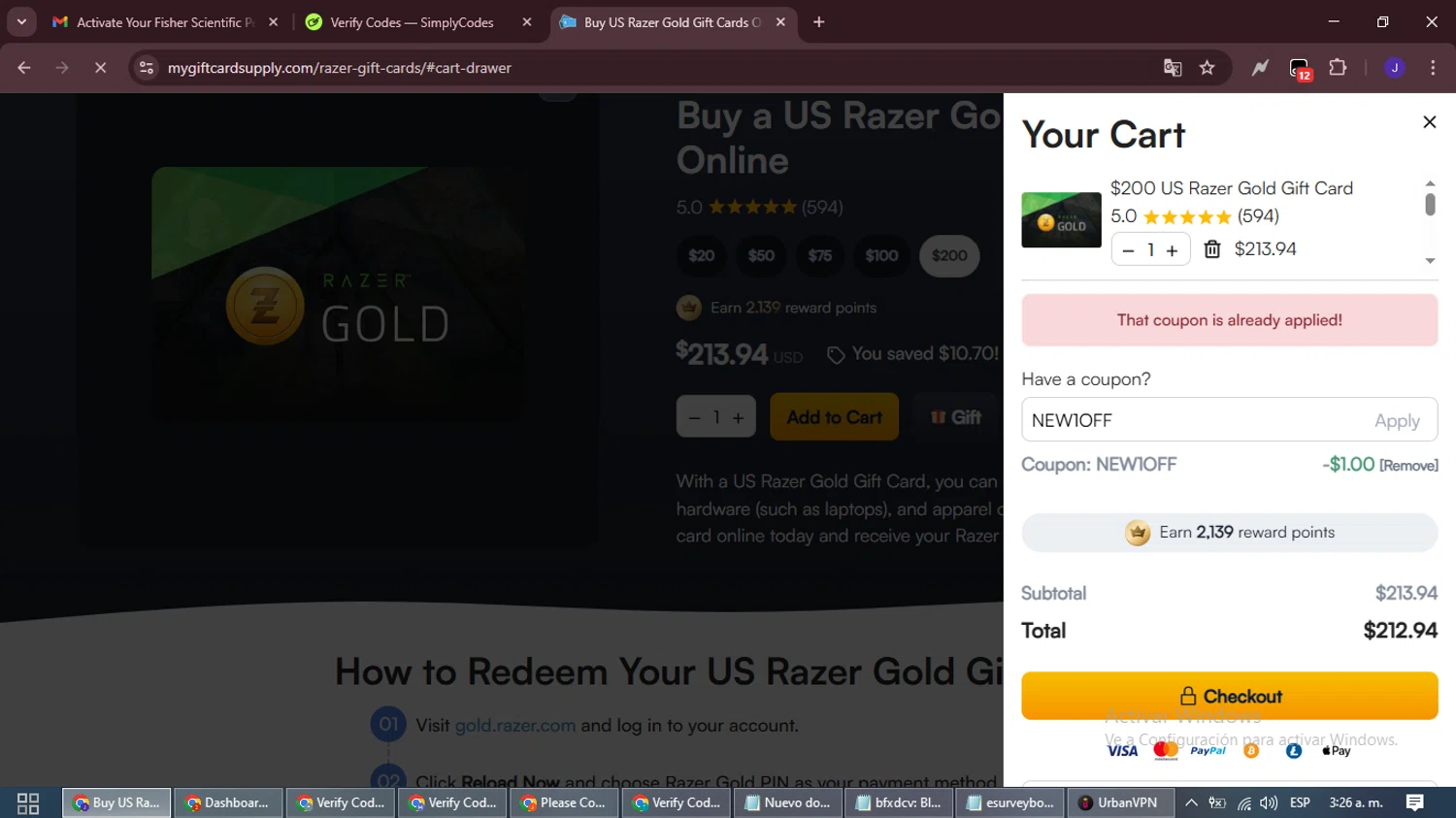 MyGiftCardSupply promo code screenshot showing code NEW1OFF applied at MyGiftCardSupply checkout page. Uploaded by SimplyCodes community member LegendaryLegend9872 on Oct 10, 2025