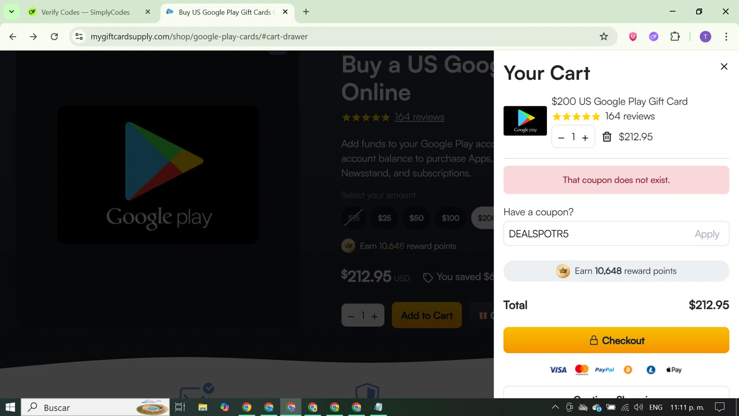 MyGiftCardSupply promo code screenshot showing code DEALSPOTR5 applied at MyGiftCardSupply checkout page. Uploaded by SimplyCodes community member FortunateCurator5882 on Jul 1, 2025