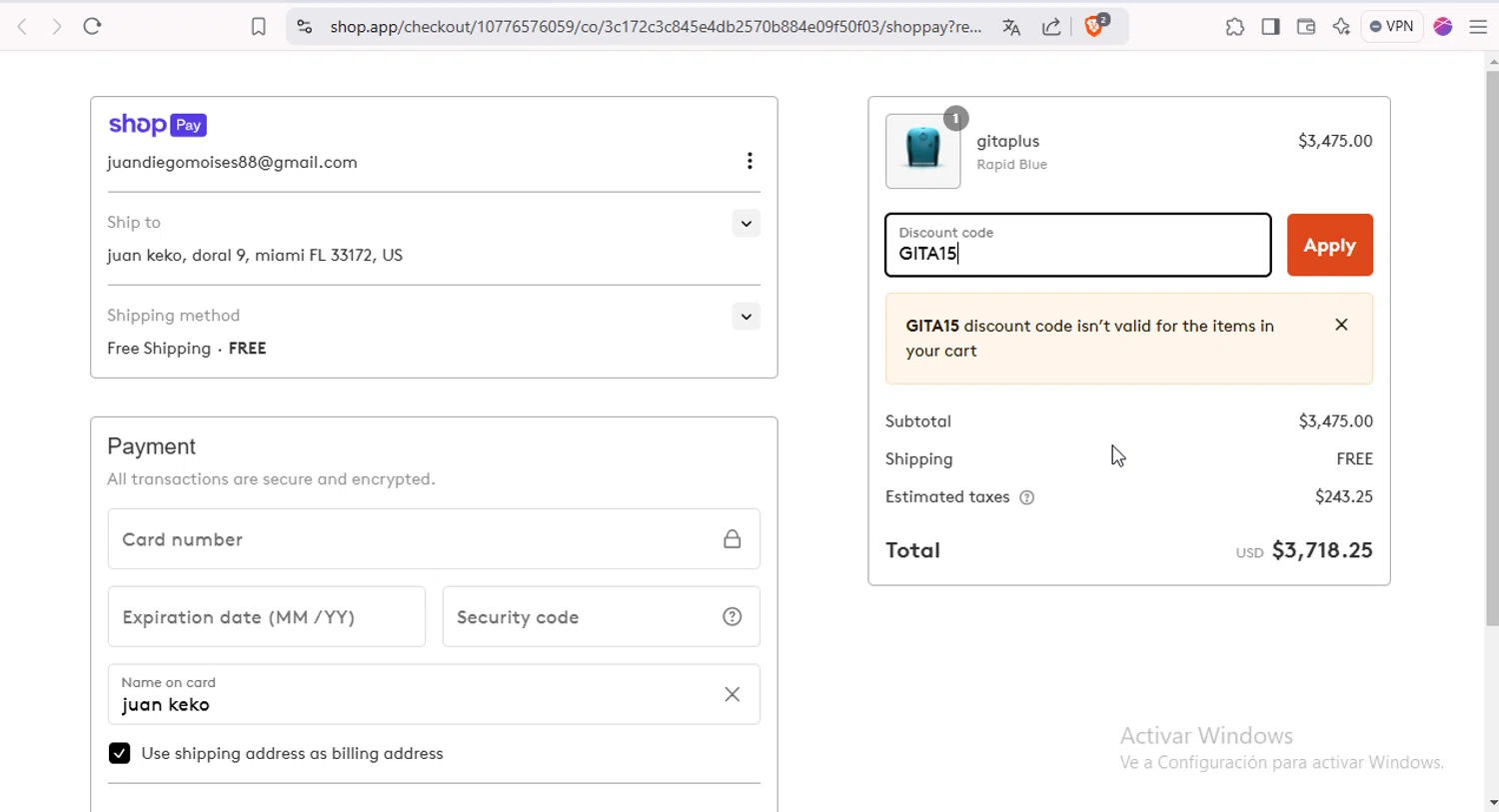 Piaggio Fast Forward promo code screenshot showing code GITA15 applied at Piaggio Fast Forward checkout page. Uploaded by SimplyCodes community member NARUTO_UZUMAKIsx on Jan 21, 2025