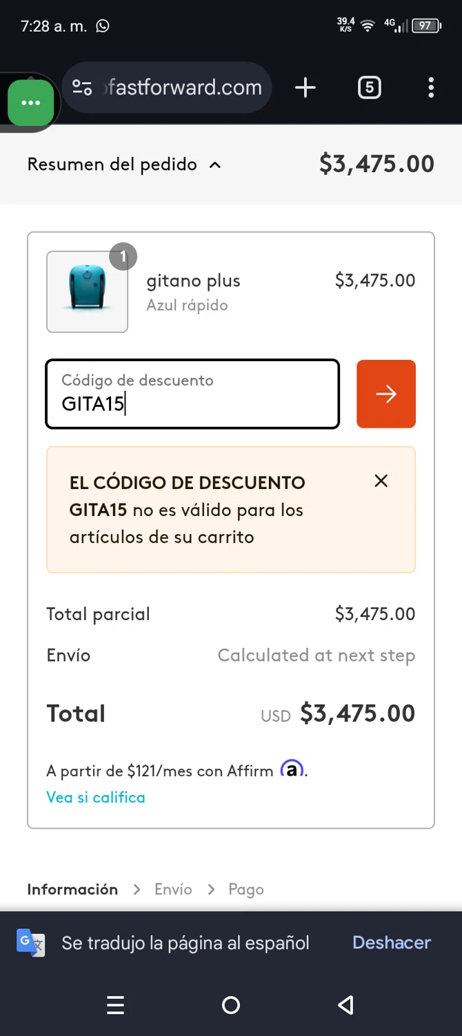 Piaggio Fast Forward promo code screenshot showing code GITA15 applied at Piaggio Fast Forward checkout page. Uploaded by SimplyCodes community member CodeEagle1166 on Jan 21, 2025