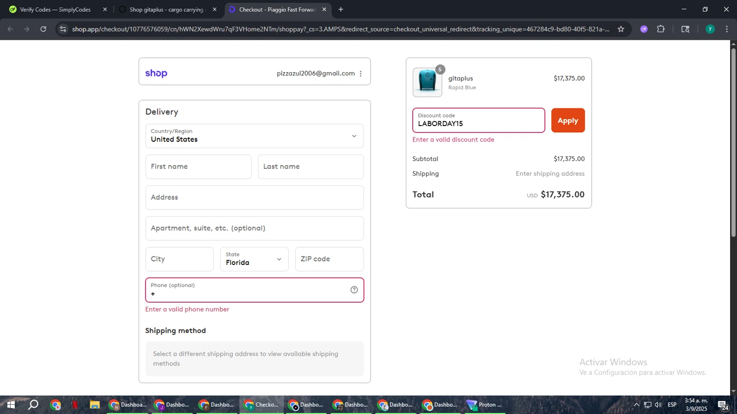 Piaggio Fast Forward promo code screenshot showing code LABORDAY15 applied at Piaggio Fast Forward checkout page. Uploaded by SimplyCodes community member FrugalCaptain6906 on Sep 3, 2025