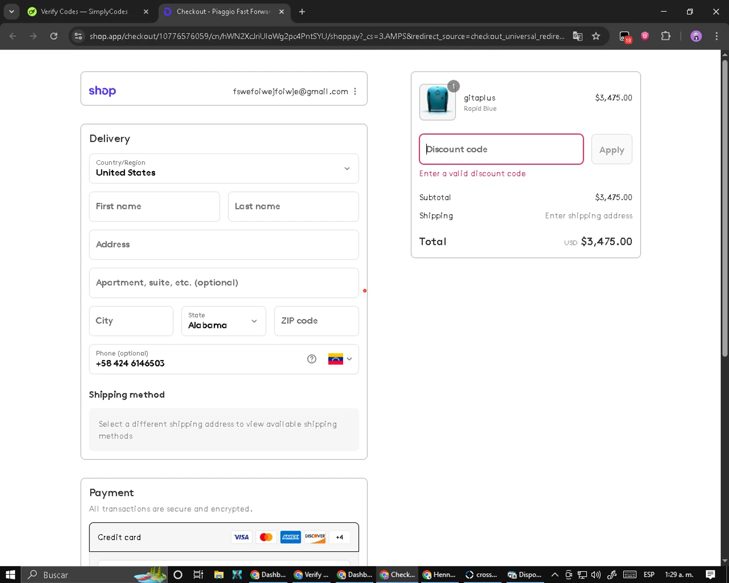 Piaggio Fast Forward promo code screenshot showing code LABORDAY15 applied at Piaggio Fast Forward checkout page. Uploaded by SimplyCodes community member PromoScout8746 on Sep 3, 2025