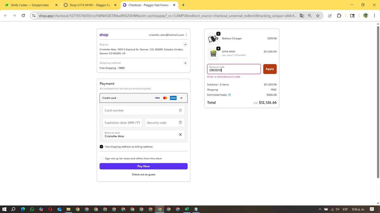 Piaggio Fast Forward promo code screenshot showing code DROID15 applied at Piaggio Fast Forward checkout page. Uploaded by SimplyCodes community member FundoSinai on Oct 14, 2025