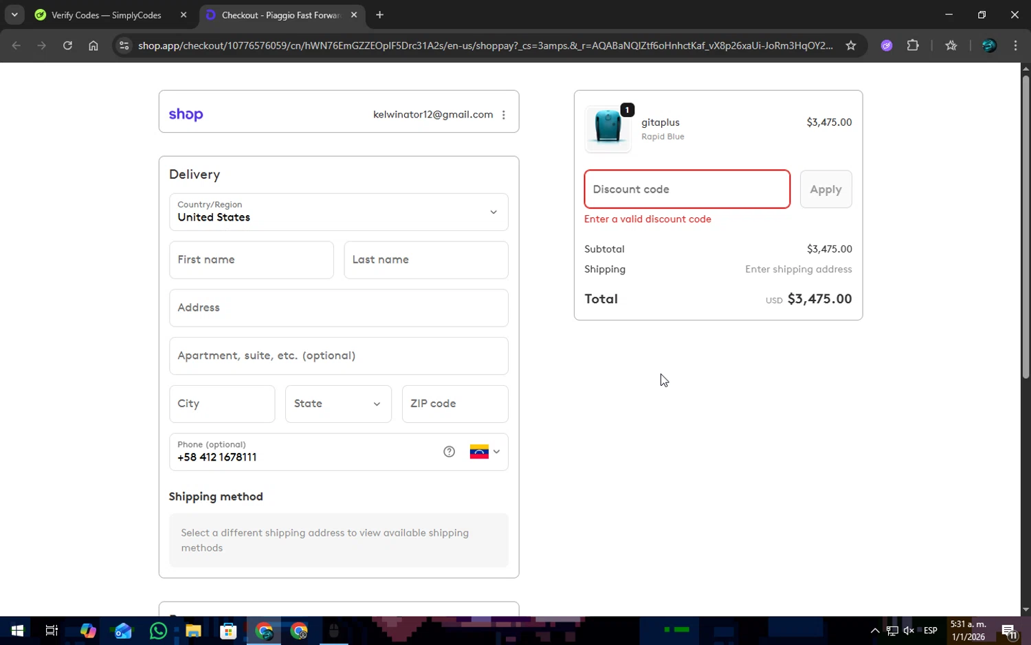 Piaggio Fast Forward promo code screenshot showing code shopnow25 applied at Piaggio Fast Forward checkout page. Uploaded by SimplyCodes community member SOPACONPAN on Jan 1, 2026