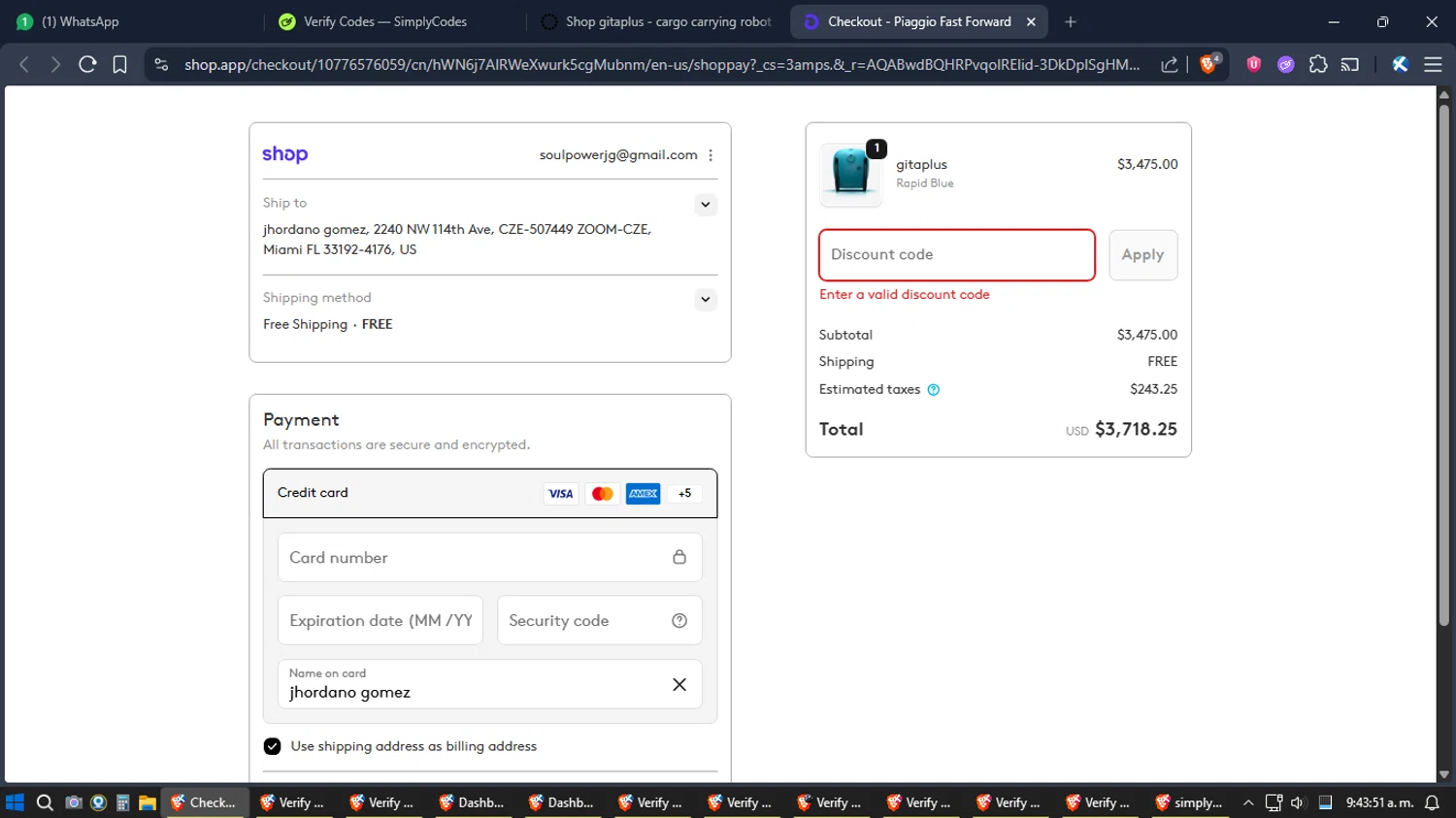 Piaggio Fast Forward promo code screenshot showing code CM2025 applied at Piaggio Fast Forward checkout page. Uploaded by SimplyCodes community member SimplyGOAT on Dec 22, 2025