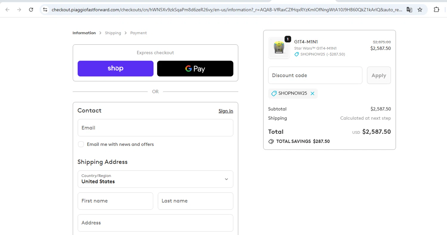 Piaggio Fast Forward promo code screenshot showing code shopnow25 applied at Piaggio Fast Forward checkout page. Uploaded by SimplyCodes community member BB9542251456527 on Nov 21, 2025