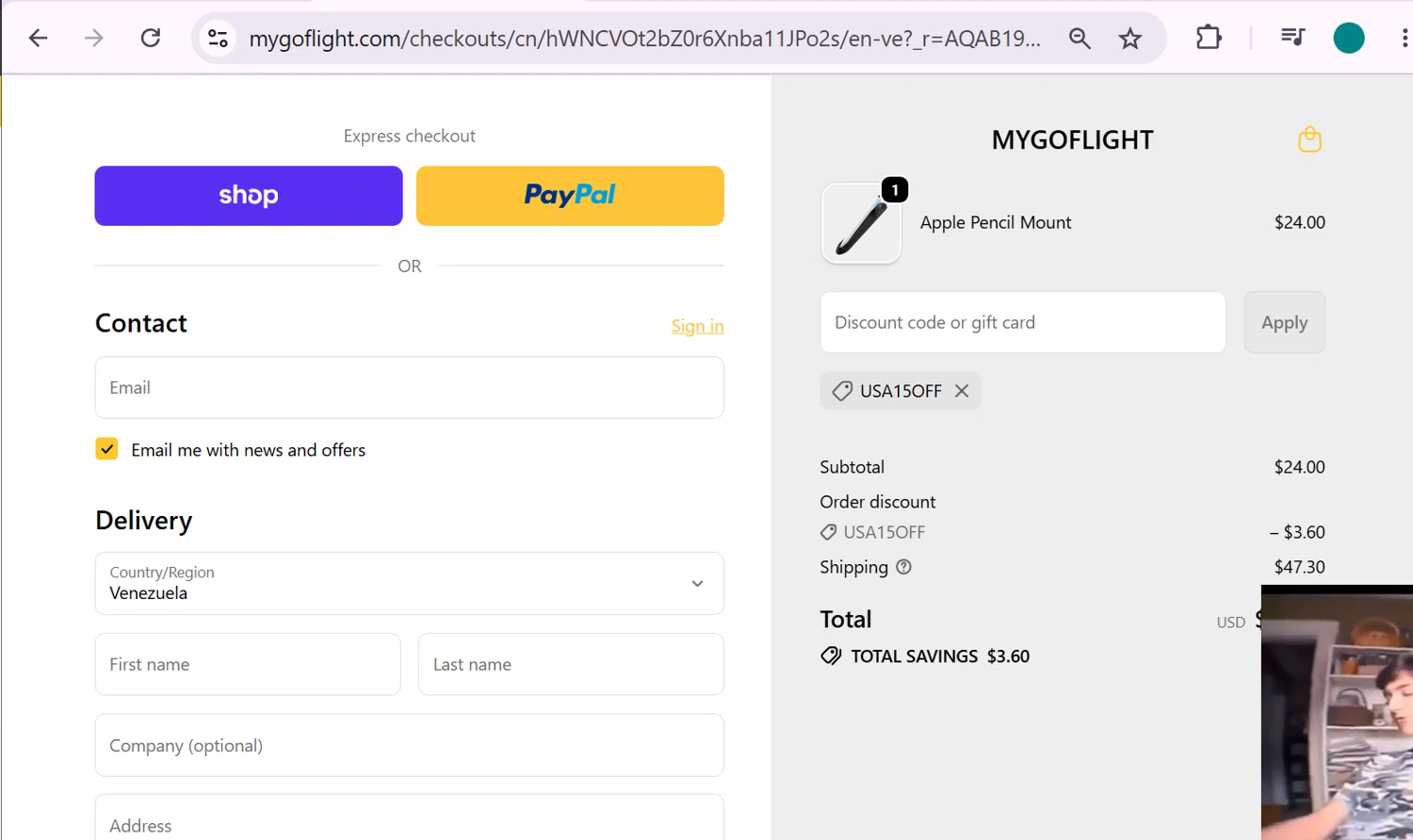 MyGoFlight promo code screenshot showing code USA15OFF applied at MyGoFlight checkout page. Uploaded by SimplyCodes community member anosesmith on May 23, 2026