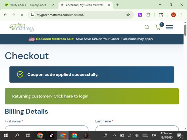 My Green Mattress checkout page showing My Green Mattress coupon code box | Screenshot taken by SimplyCodes community member on Aug 12, 2025