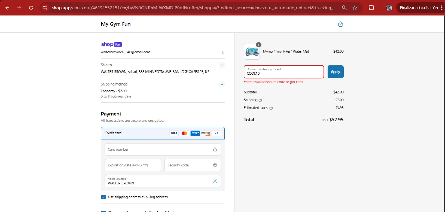 My Gym promo code screenshot showing code CODE10 applied at My Gym checkout page. Uploaded by SimplyCodes community member kimberlinmartinez on Jul 9, 2025