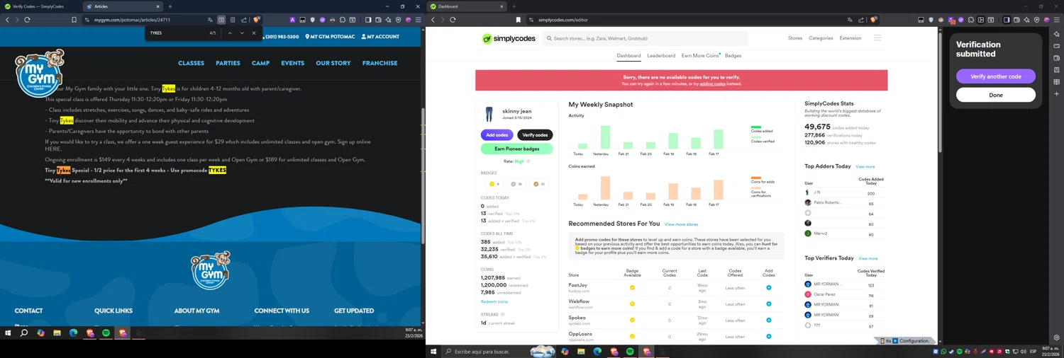 My Gym promo code screenshot showing code TYKES applied at My Gym checkout page. Uploaded by SimplyCodes community member Carlos54 on Feb 23, 2026