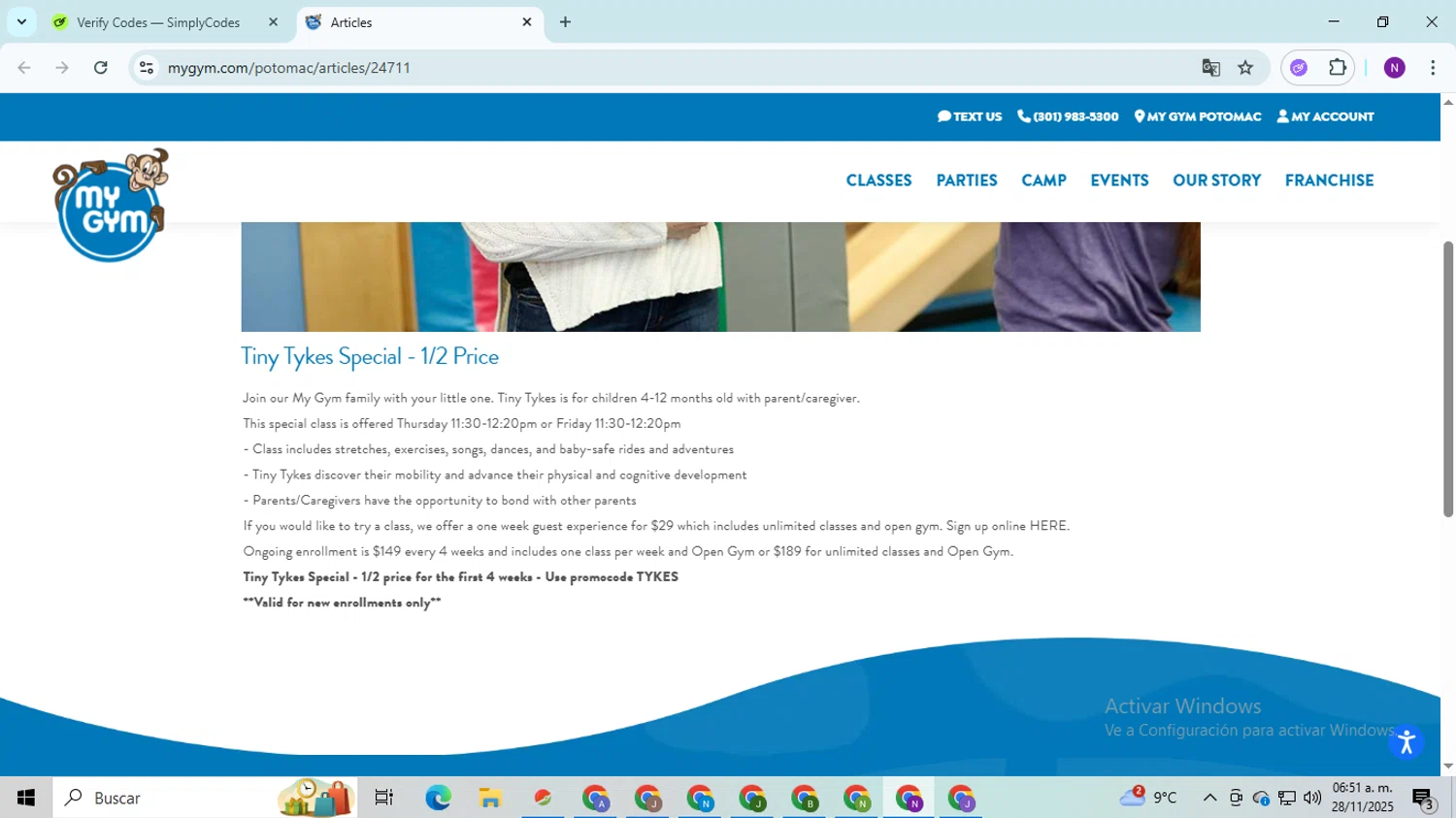 My Gym promo code screenshot showing code TYKES applied at My Gym checkout page. Uploaded by SimplyCodes community member QuestOwl9632 on Nov 28, 2025