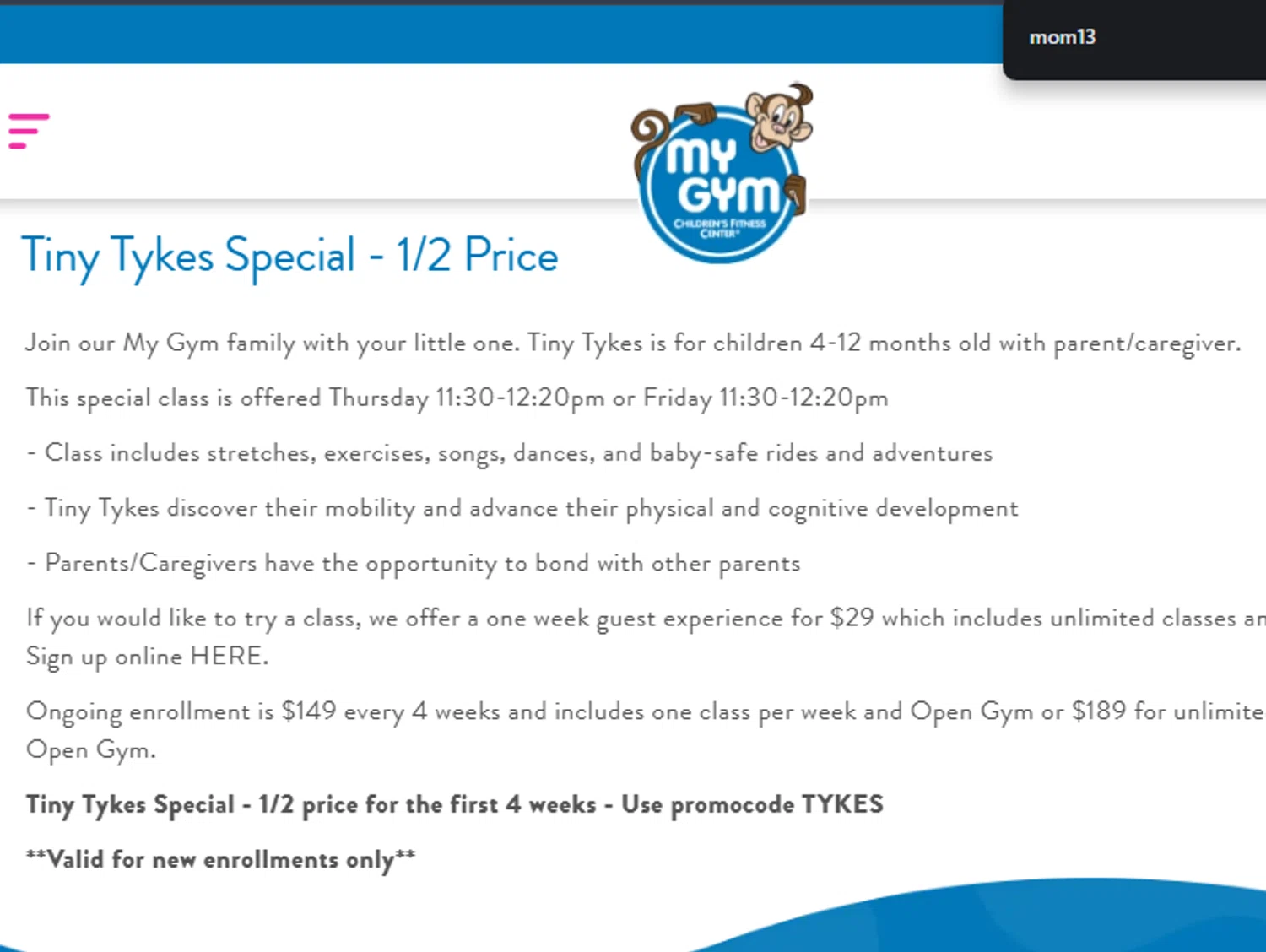 My Gym promo code screenshot showing code TYKES applied at My Gym checkout page. Uploaded by SimplyCodes community member ValiantLion5897 on Jan 25, 2026