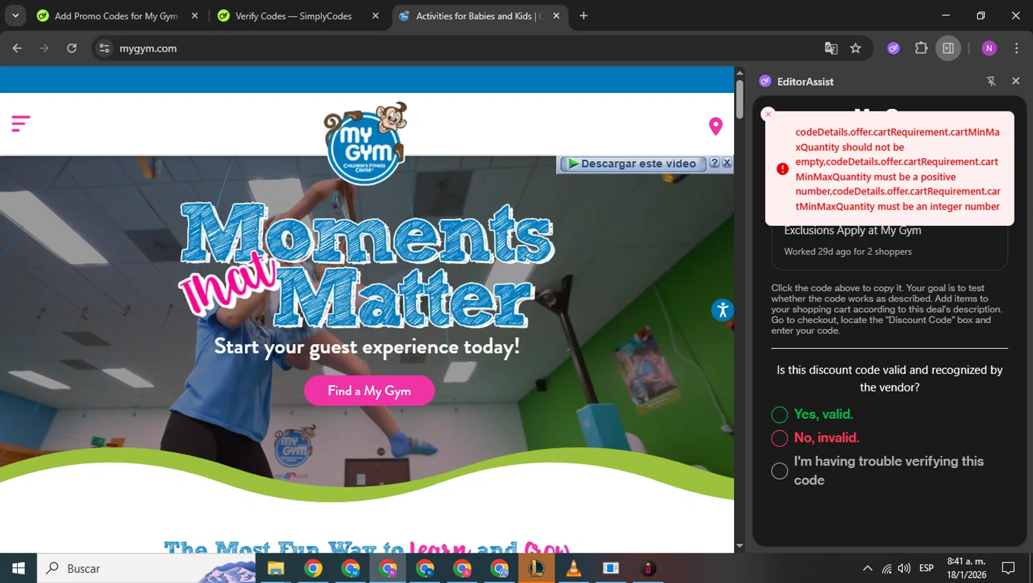 My Gym checkout page showing My Gym promo code box | Screenshot taken by SimplyCodes community member on Jan 18, 2026