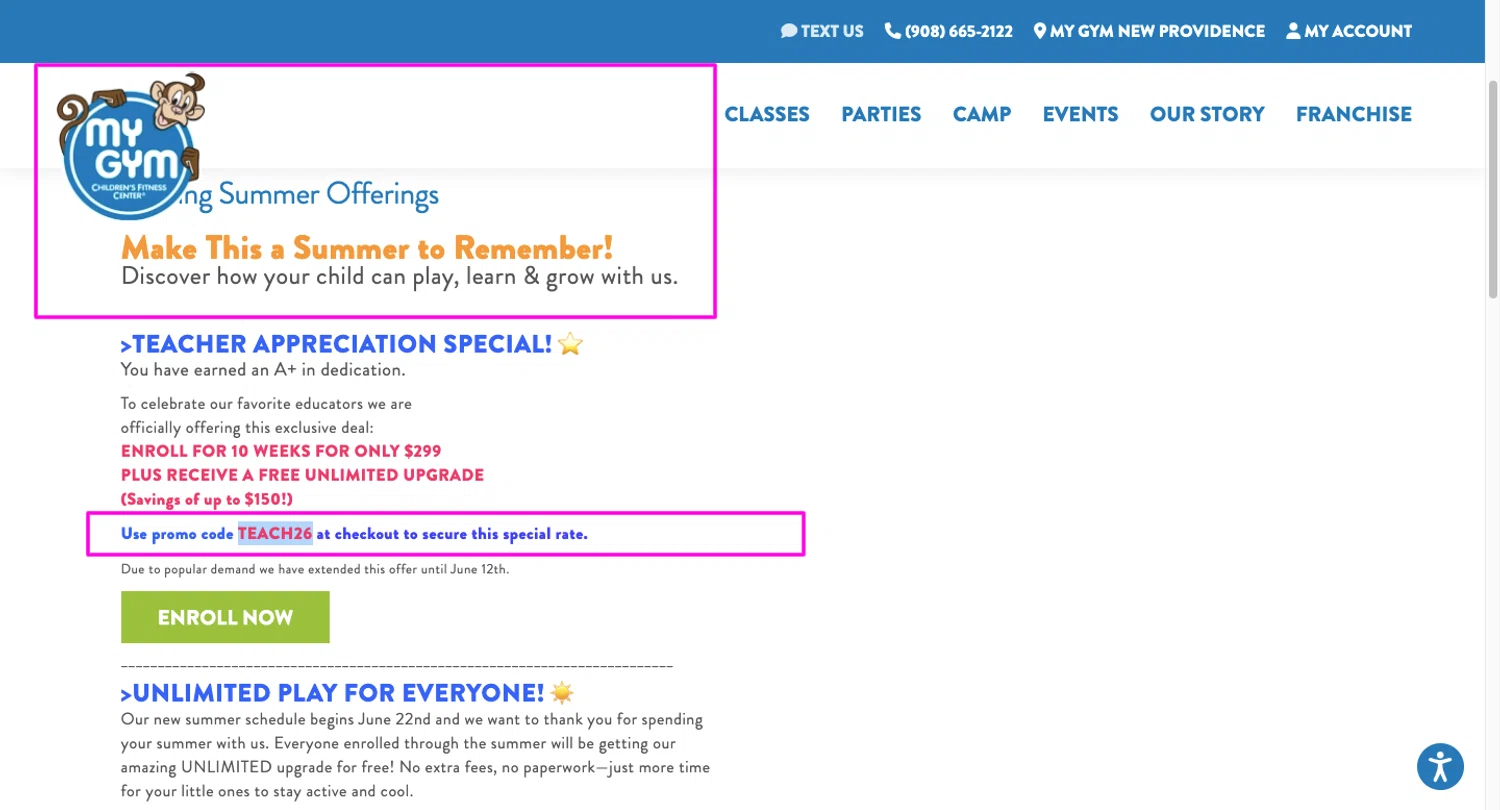 My Gym promo code screenshot showing code TEACH26 applied at My Gym checkout page. Uploaded by SimplyCodes community member chandlerbing on Jun 8, 2026