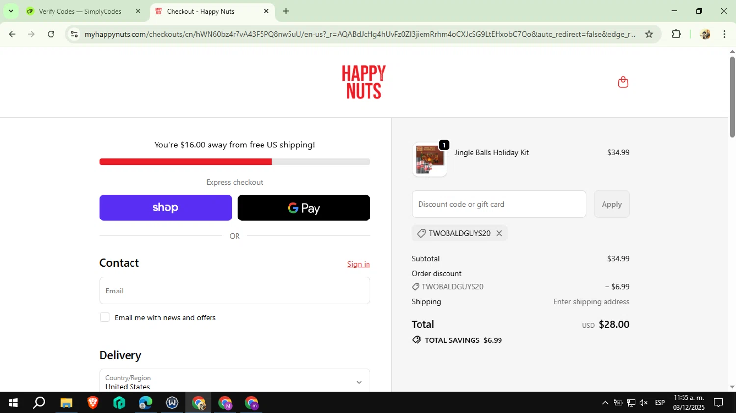 Happy Nuts discount code screenshot showing code TWOBALDGUYS20 applied at Happy Nuts checkout page. Uploaded by SimplyCodes community member CashExpert3657 on Dec 3, 2025