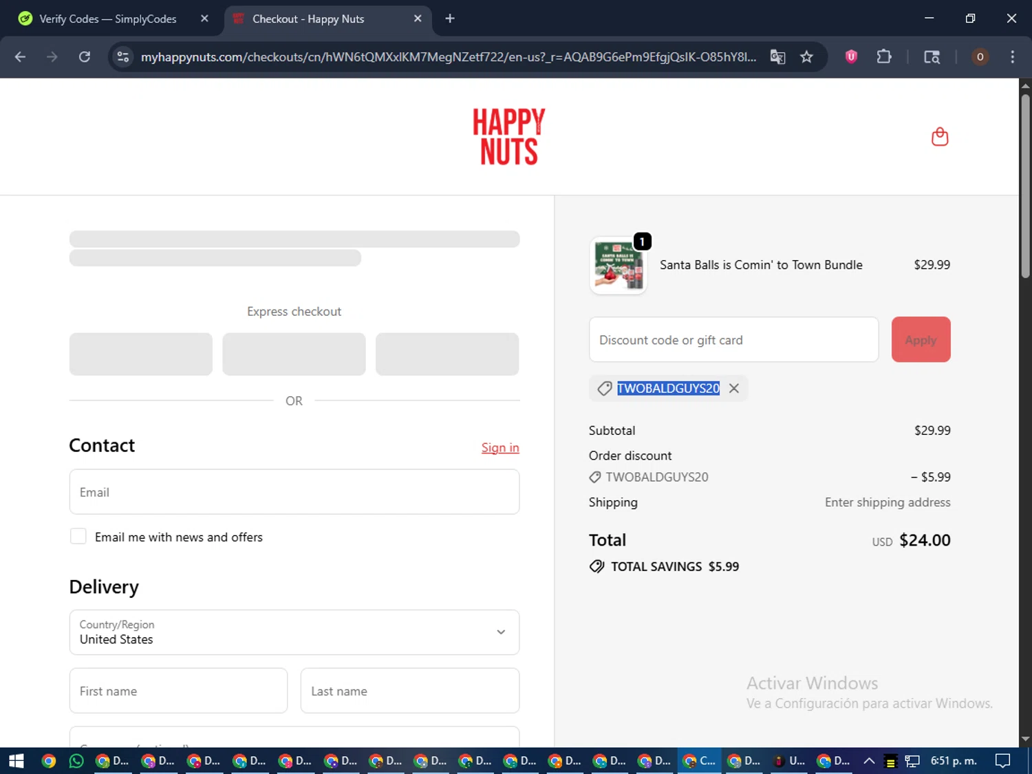 Happy Nuts discount code screenshot showing code TWOBALDGUYS20 applied at Happy Nuts checkout page. Uploaded by SimplyCodes community member LegendaryAdmiral8649 on Dec 26, 2025