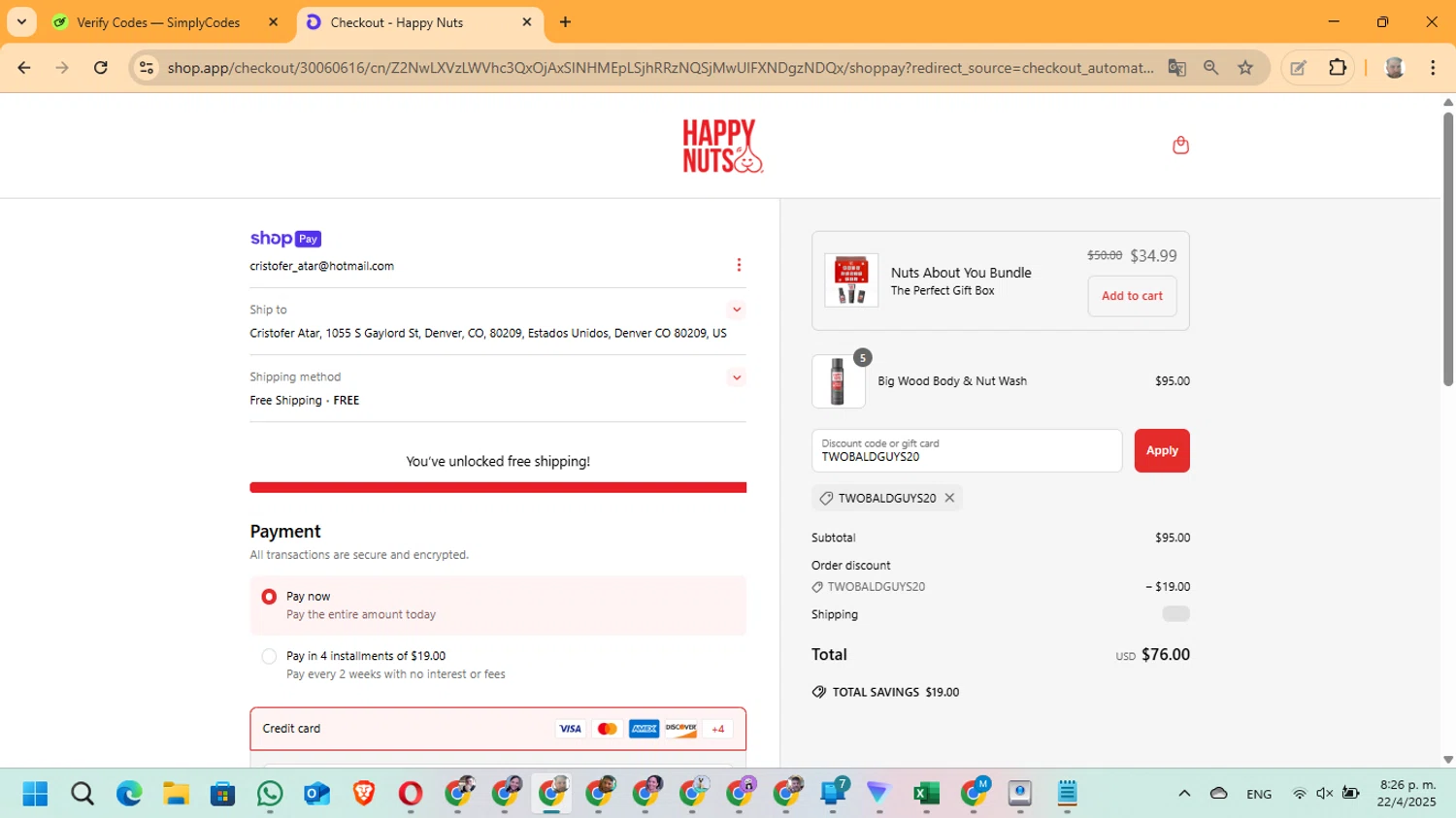 Happy Nuts discount code screenshot showing code TWOBALDGUYS20 applied at Happy Nuts checkout page. Uploaded by SimplyCodes community member ManuelF on Apr 23, 2025