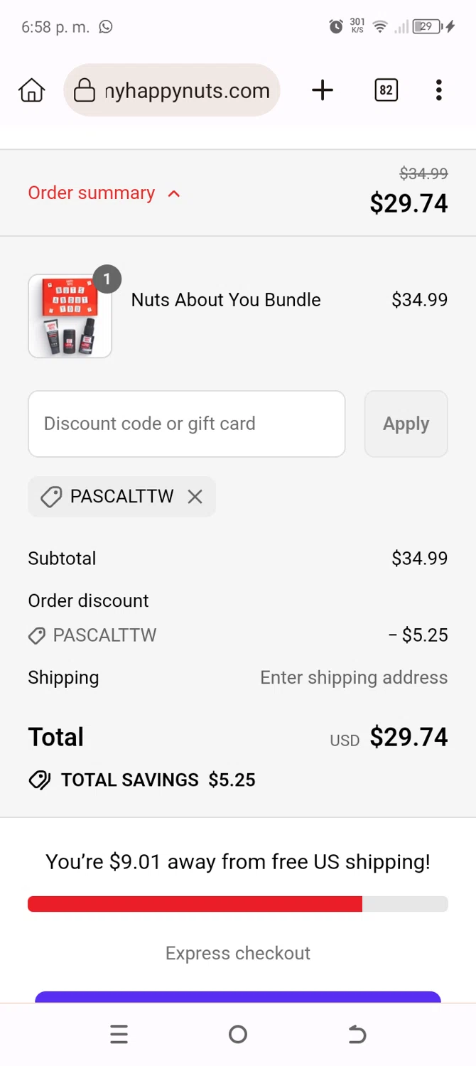 Happy Nuts discount code screenshot showing code PASCALTTW applied at Happy Nuts checkout page. Uploaded by SimplyCodes community member BonusChaser4306 on Jul 12, 2025