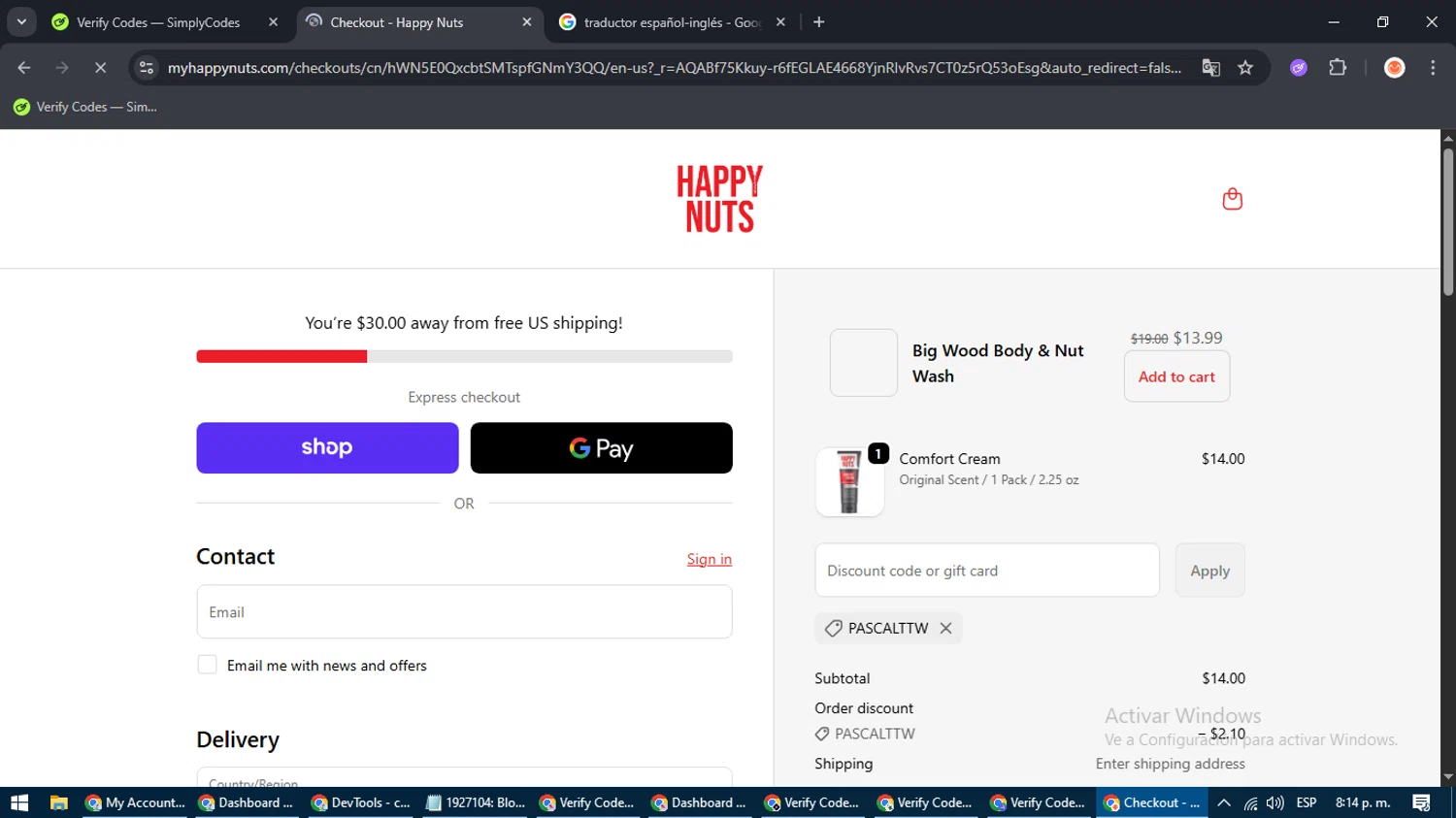 Happy Nuts discount code screenshot showing code PASCALTTW applied at Happy Nuts checkout page. Uploaded by SimplyCodes community member ValiantTitan4231 on Nov 13, 2025