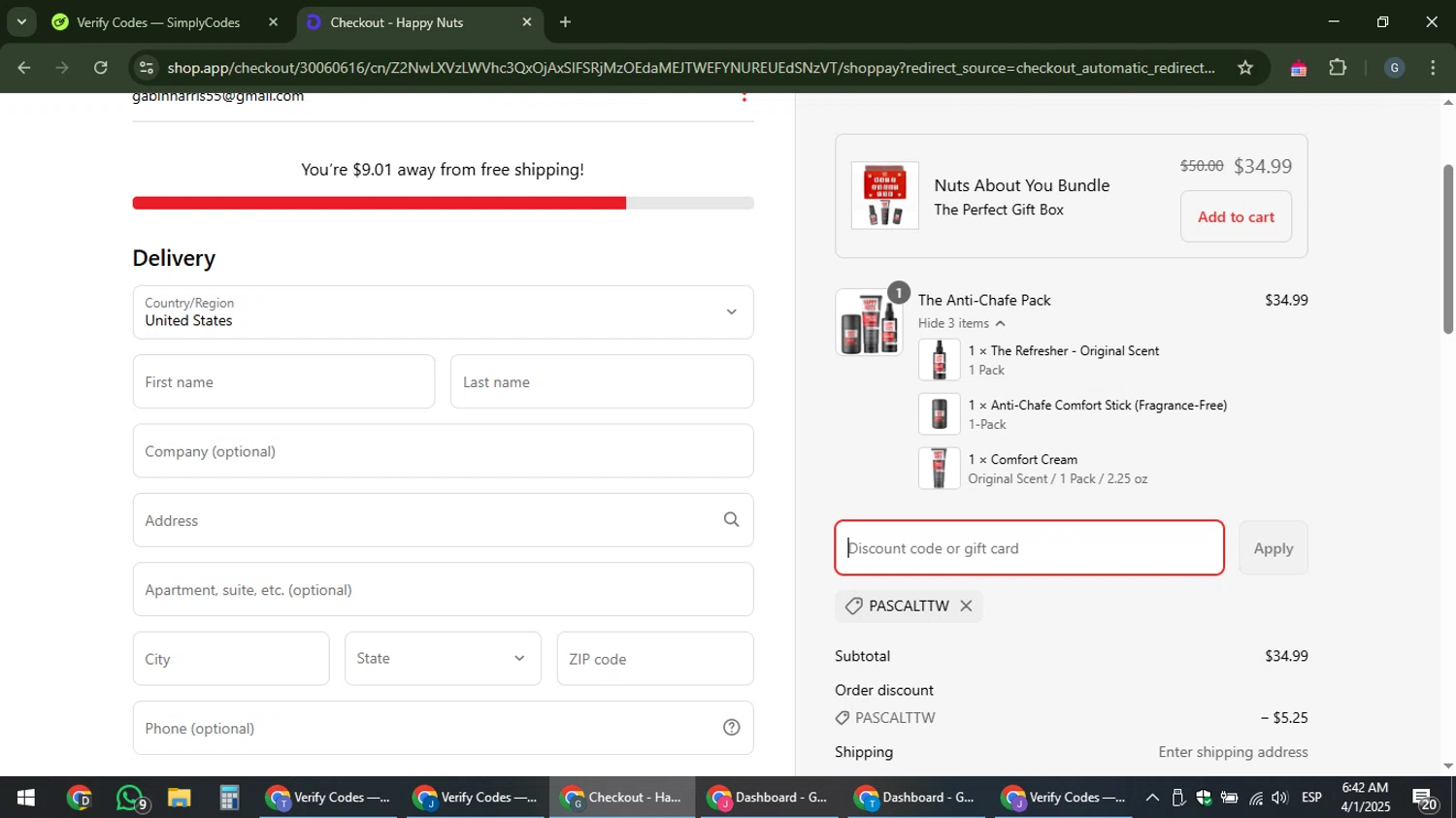 Happy Nuts discount code screenshot showing code PASCALTTW applied at Happy Nuts checkout page. Uploaded by SimplyCodes community member gabinharris55 on Apr 1, 2025
