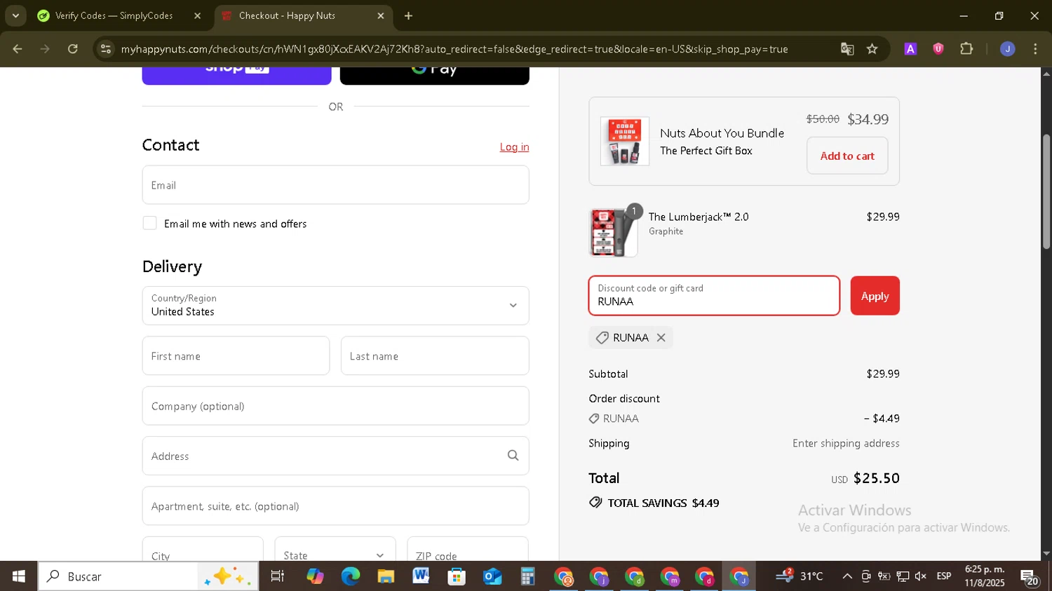 Happy Nuts discount code screenshot showing code RUNAA applied at Happy Nuts checkout page. Uploaded by SimplyCodes community member EpicSage3474 on Aug 11, 2025