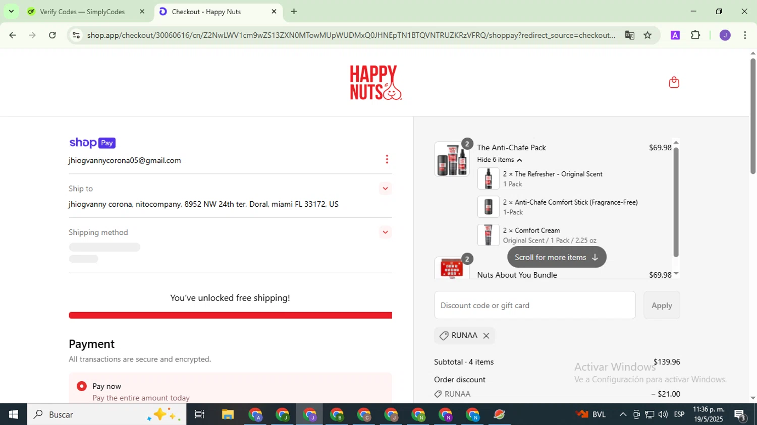 Happy Nuts discount code screenshot showing code RUNAA applied at Happy Nuts checkout page. Uploaded by SimplyCodes community member PromoHunter9043 on May 20, 2025