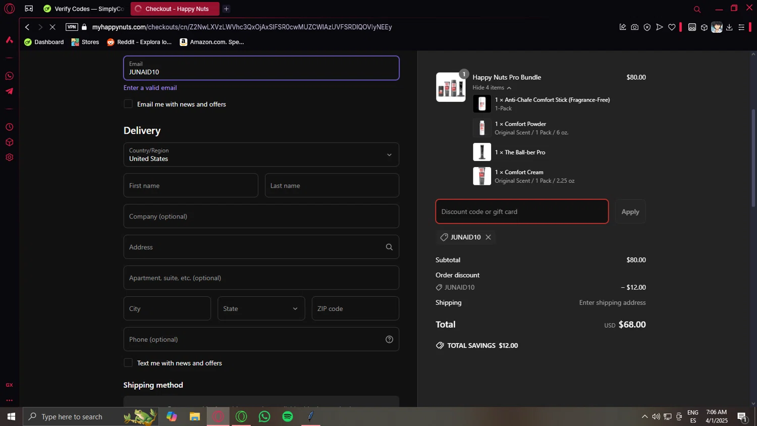 Happy Nuts discount code screenshot showing code JUNAID10 applied at Happy Nuts checkout page. Uploaded by SimplyCodes community member Eliott on Apr 1, 2025