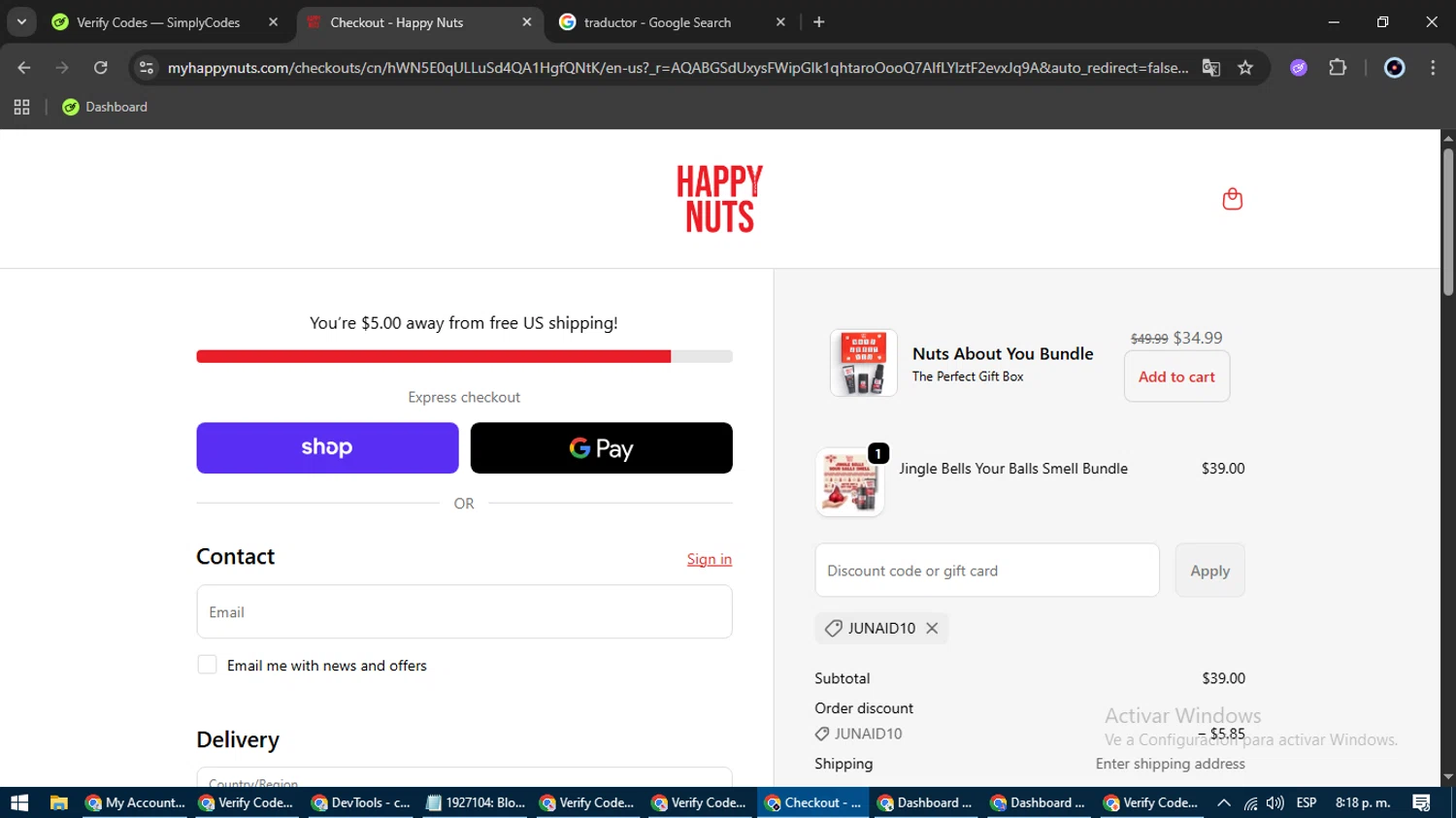 Happy Nuts discount code screenshot showing code JUNAID10 applied at Happy Nuts checkout page. Uploaded by SimplyCodes community member GoldSentinel6680 on Nov 13, 2025
