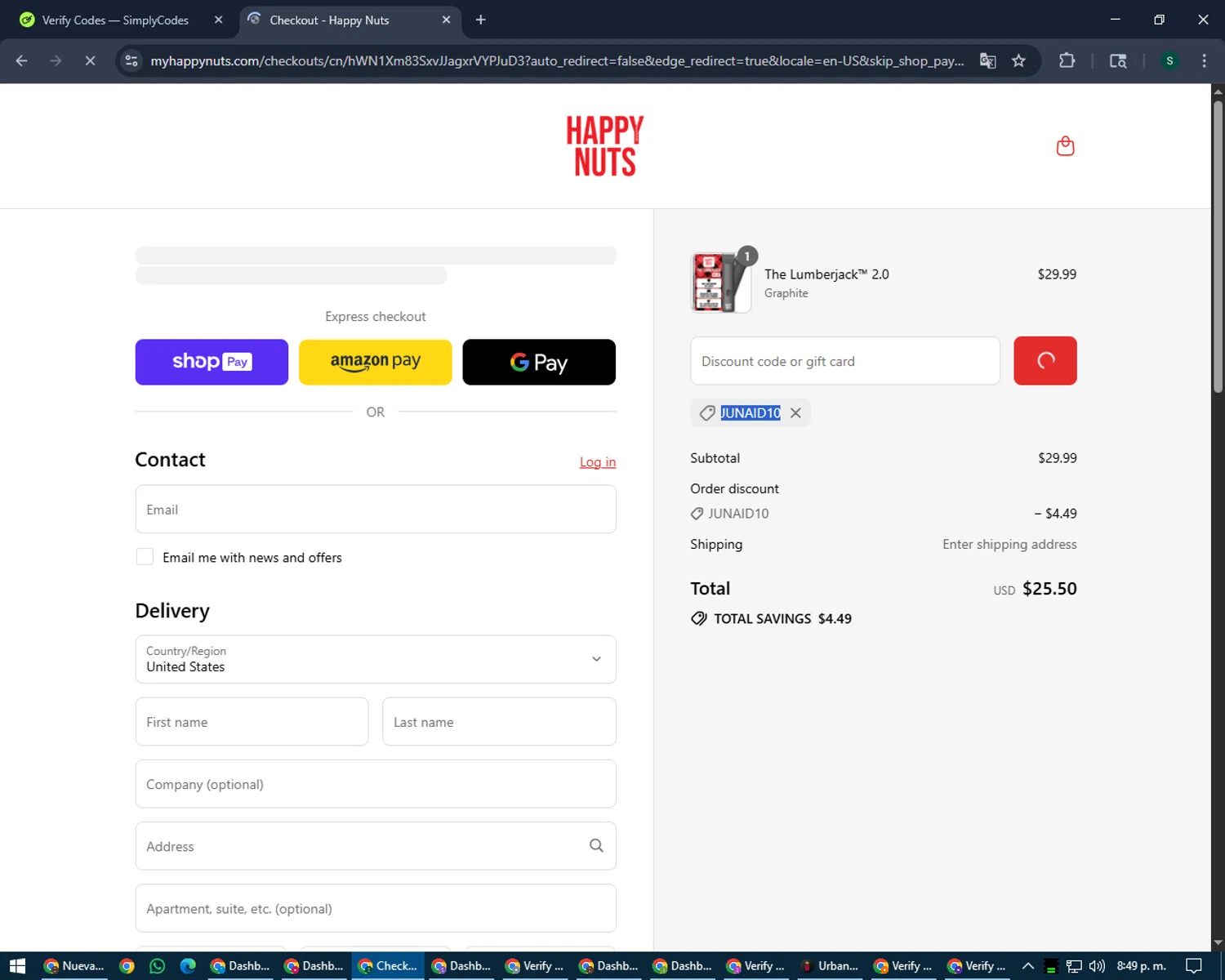 Happy Nuts discount code screenshot showing code JUNAID10 applied at Happy Nuts checkout page. Uploaded by SimplyCodes community member lilMosey on Aug 8, 2025