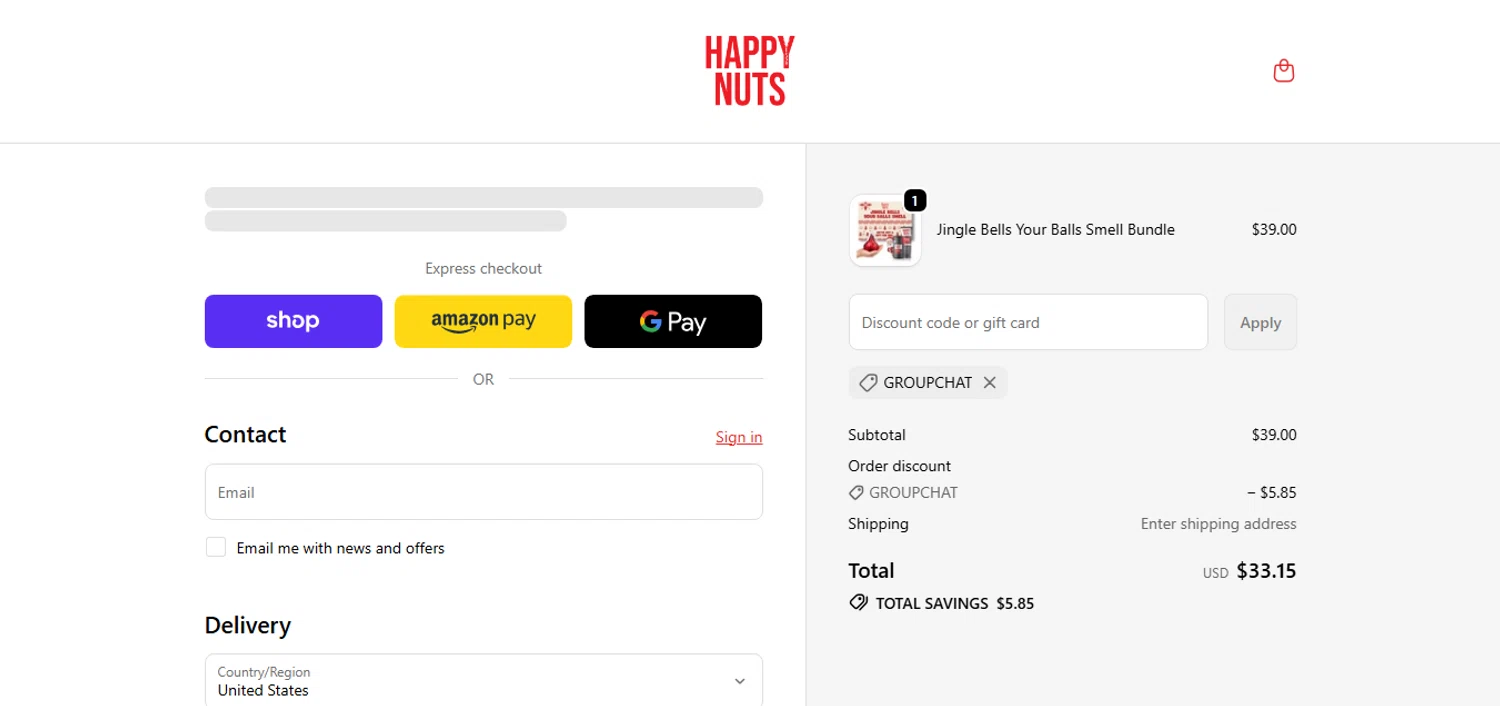 Happy Nuts discount code screenshot showing code GROUPCHAT applied at Happy Nuts checkout page. Uploaded by SimplyCodes community member CashAce9852 on Nov 13, 2025