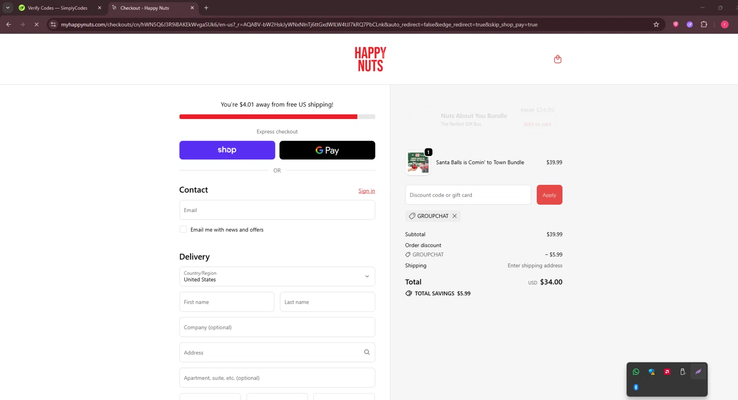 Happy Nuts discount code screenshot showing code GROUPCHAT applied at Happy Nuts checkout page. Uploaded by SimplyCodes community member CouponSage7331 on Nov 18, 2025