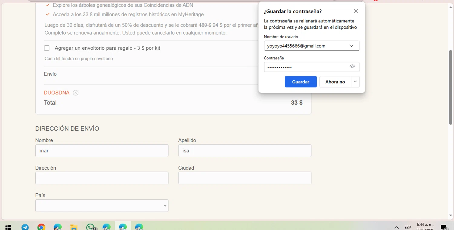 MyHeritage DNA promo code screenshot showing code DUOSDNA applied at MyHeritage DNA checkout page. Uploaded by SimplyCodes community member BrilliantFalcon6936 on May 22, 2025