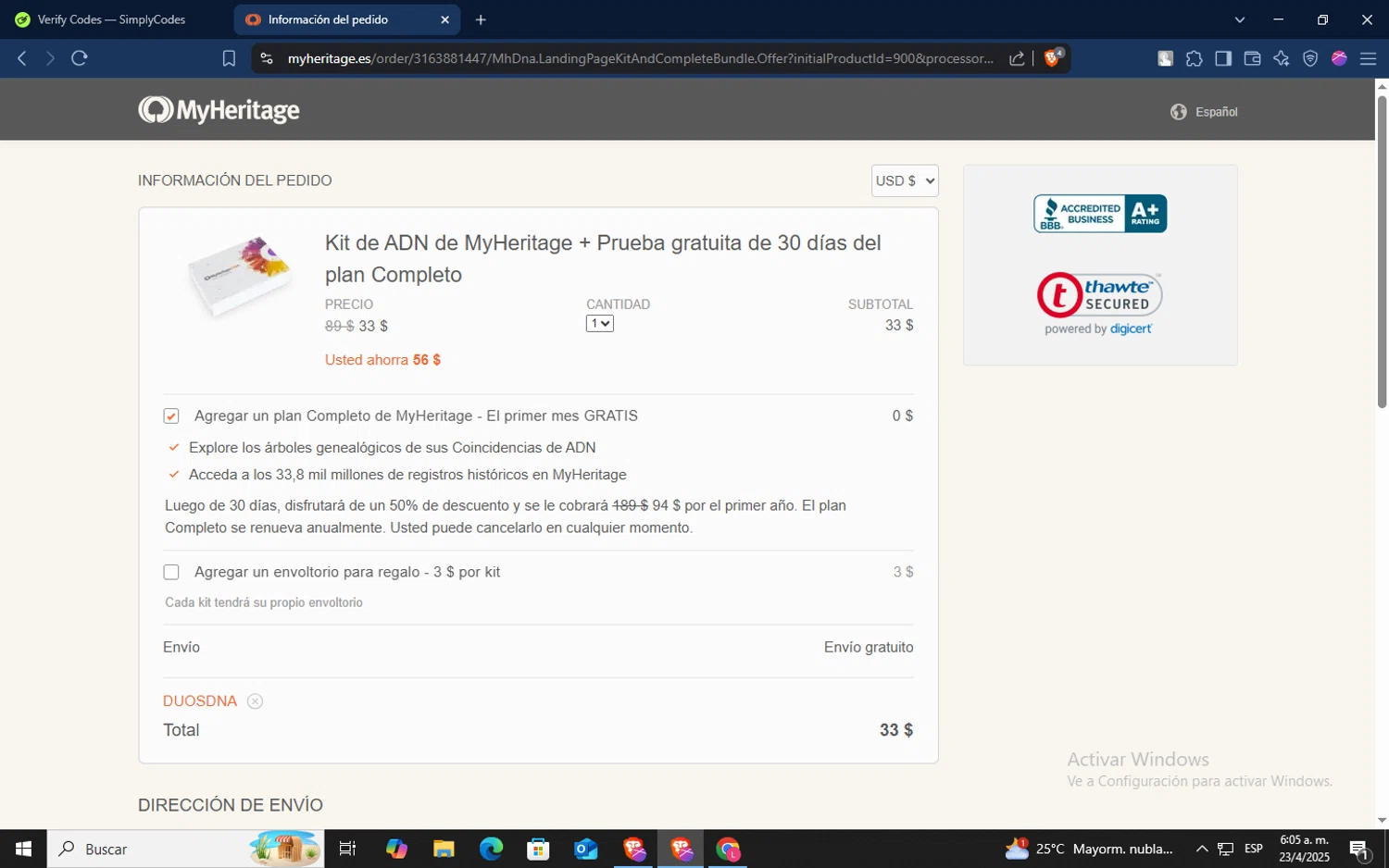 MyHeritage DNA promo code screenshot showing code DUOSDNA applied at MyHeritage DNA checkout page. Uploaded by SimplyCodes community member TokenSaver1205 on Apr 23, 2025