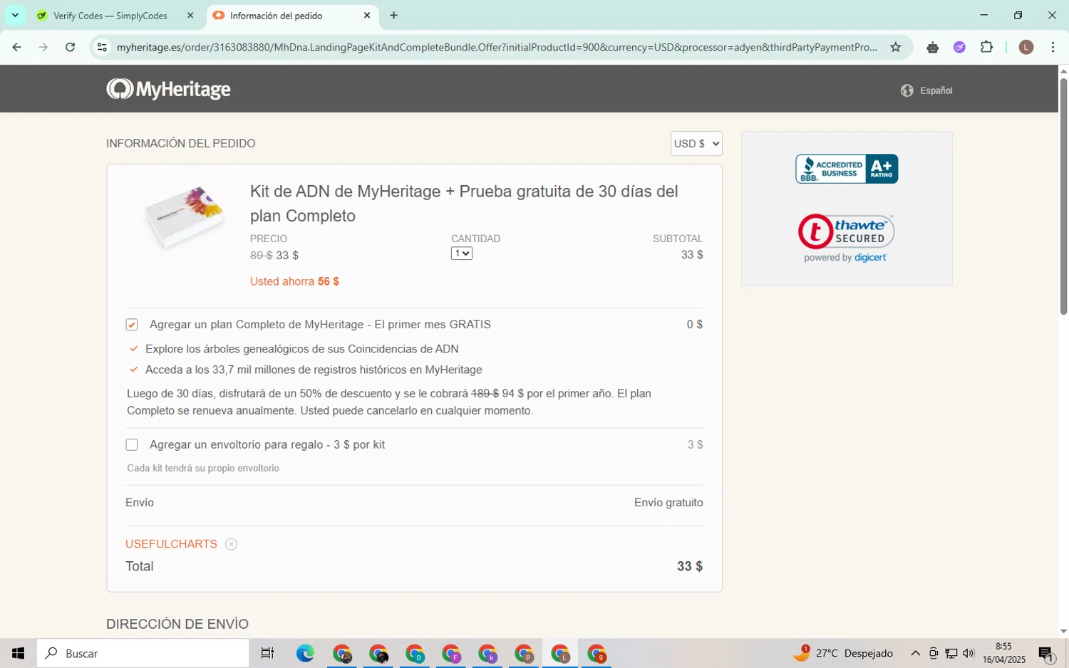 MyHeritage DNA promo code screenshot showing code USEFULCHARTS applied at MyHeritage DNA checkout page. Uploaded by SimplyCodes community member BrilliantTiger9986 on Apr 16, 2025