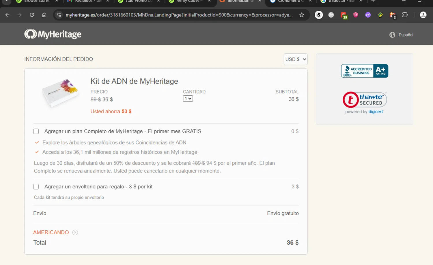 MyHeritage DNA promo code screenshot showing code Americando applied at MyHeritage DNA checkout page. Uploaded by SimplyCodes community member couponcheck02 on Oct 13, 2025