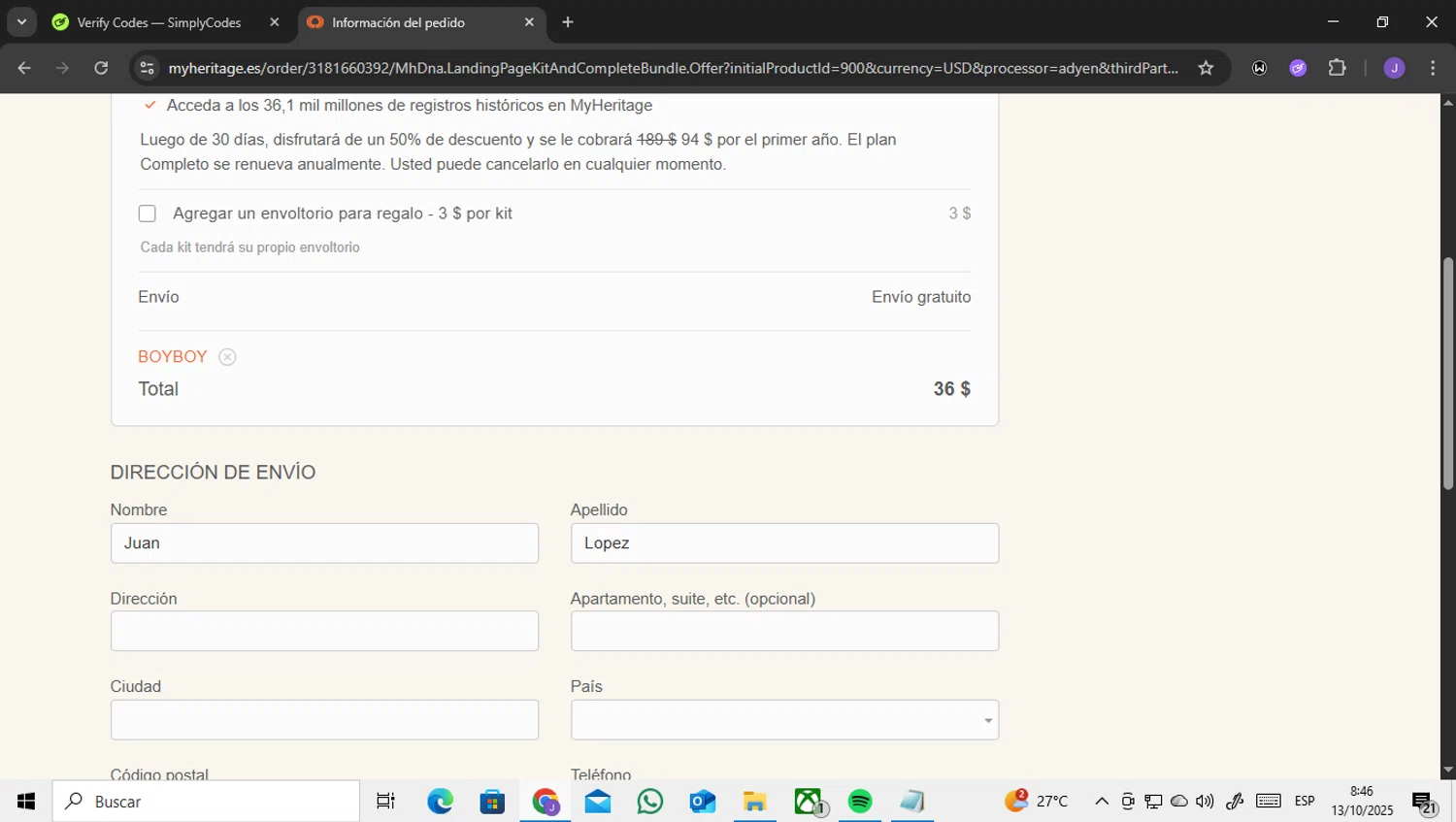 MyHeritage DNA checkout page showing MyHeritage DNA promo code box | Screenshot taken by SimplyCodes community member on Oct 13, 2025