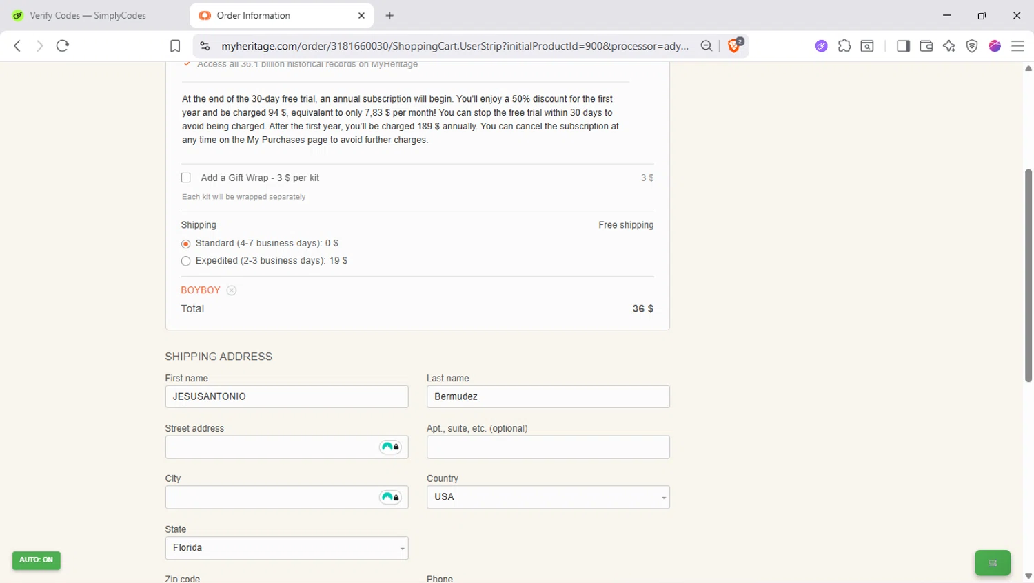 MyHeritage DNA checkout page showing MyHeritage DNA promo code box | Screenshot taken by SimplyCodes community member on Oct 13, 2025