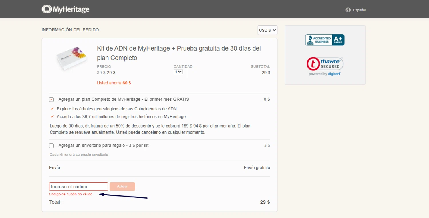 MyHeritage DNA promo code screenshot showing code ADDIE applied at MyHeritage DNA checkout page. Uploaded by SimplyCodes community member Menotii23 on Oct 31, 2025