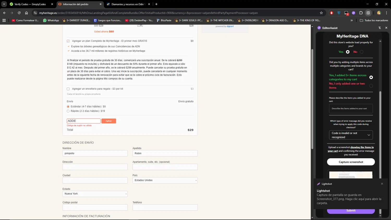 MyHeritage DNA promo code screenshot showing code ADDIE applied at MyHeritage DNA checkout page. Uploaded by SimplyCodes community member MiauMiau on Oct 31, 2025