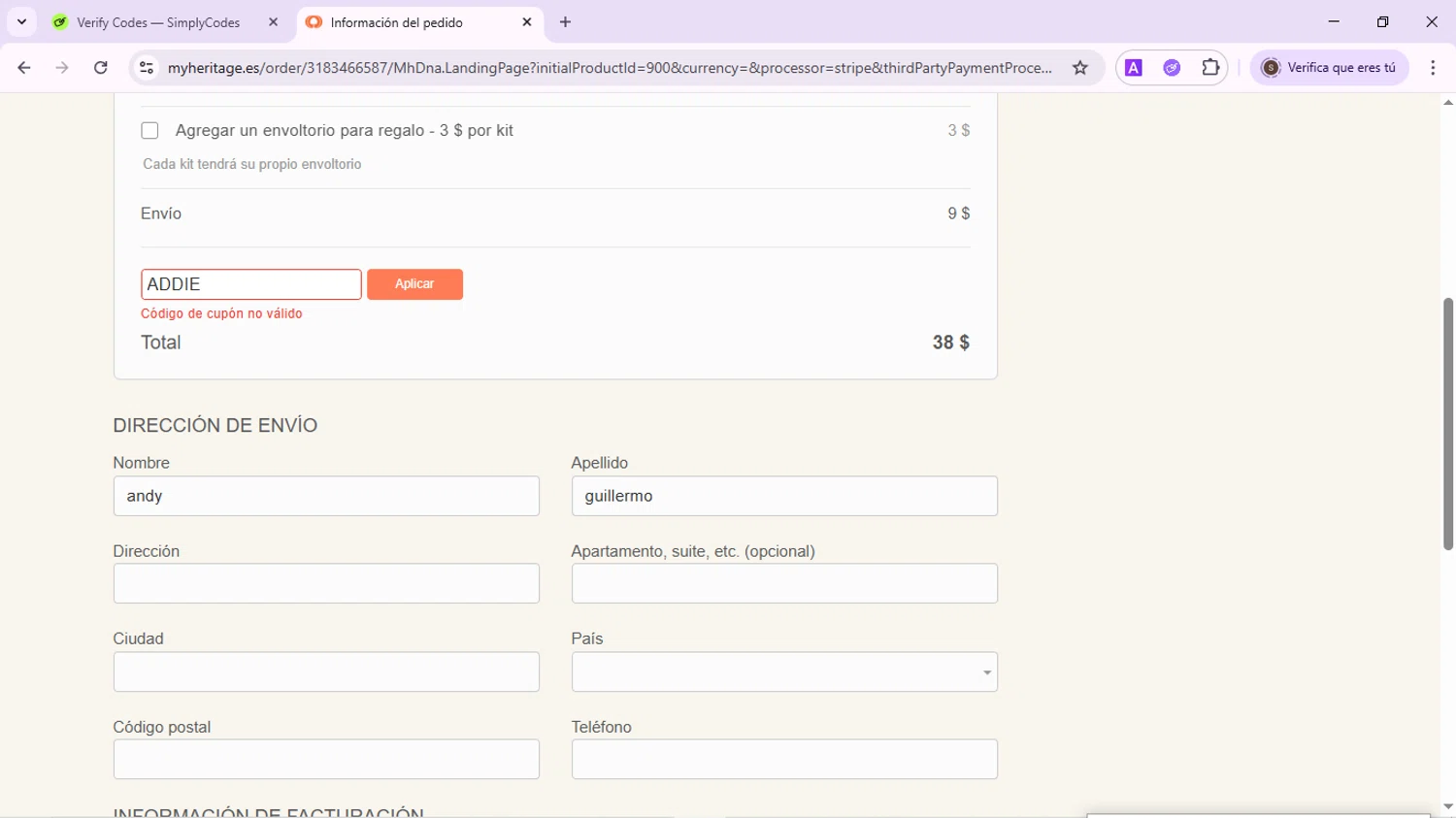 MyHeritage DNA promo code screenshot showing code ADDIE applied at MyHeritage DNA checkout page. Uploaded by SimplyCodes community member QuestPhoenix2794 on Oct 31, 2025
