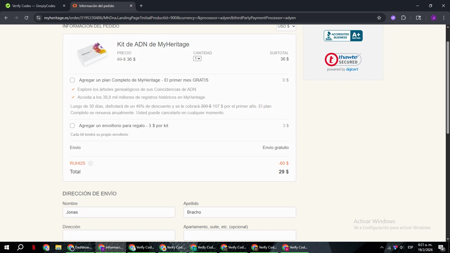 MyHeritage DNA promo code screenshot showing code RUHI25 applied at MyHeritage DNA checkout page. Uploaded by SimplyCodes community member ComeBurra123 on Feb 19, 2026