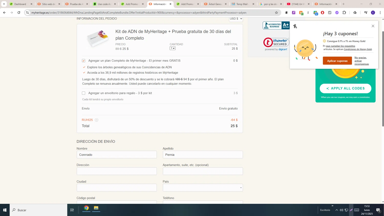 MyHeritage DNA promo code screenshot showing code RUHI25 applied at MyHeritage DNA checkout page. Uploaded by SimplyCodes community member LAGUGU on Nov 24, 2025