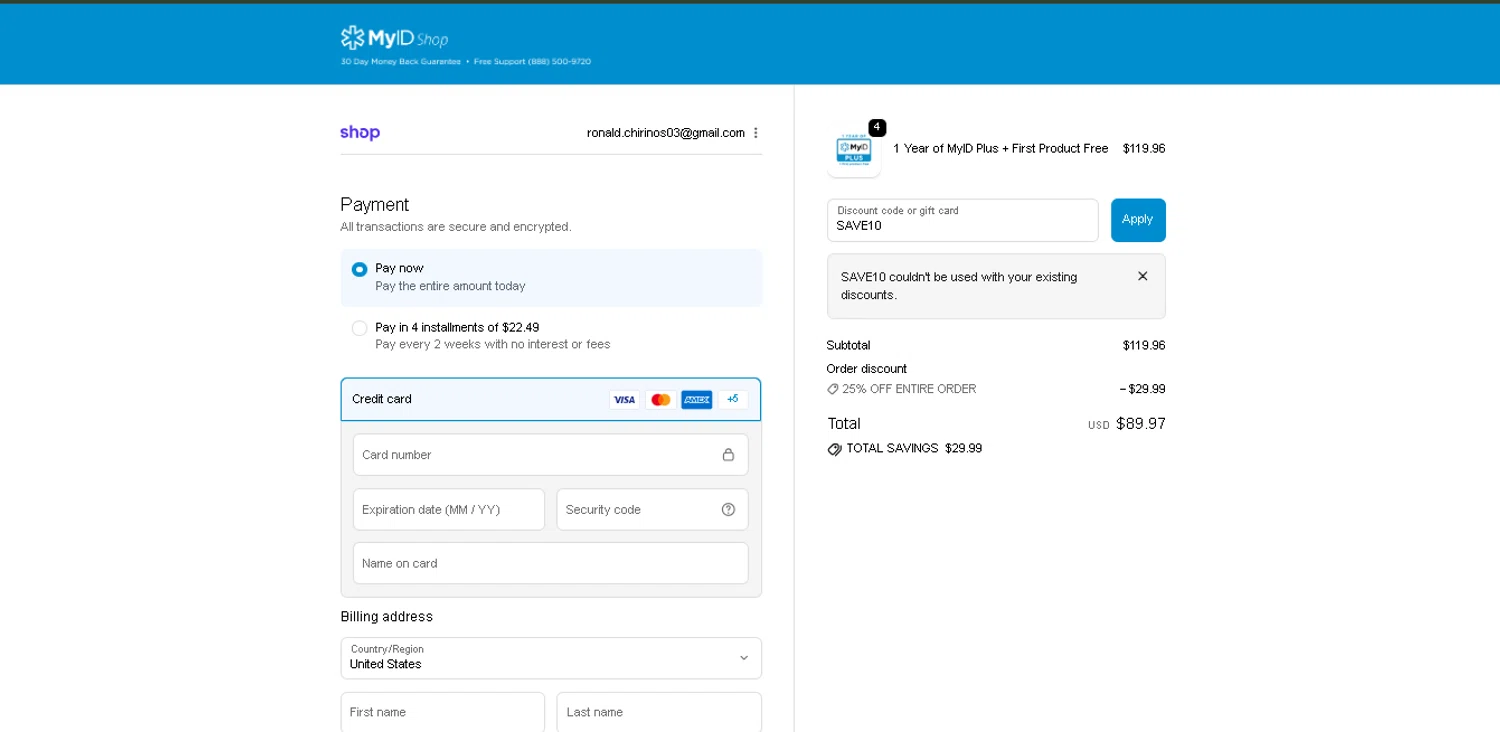 MyID Shop coupon code screenshot showing code SAVE10 applied at MyID Shop checkout page. Uploaded by SimplyCodes community member davisams on Dec 6, 2025