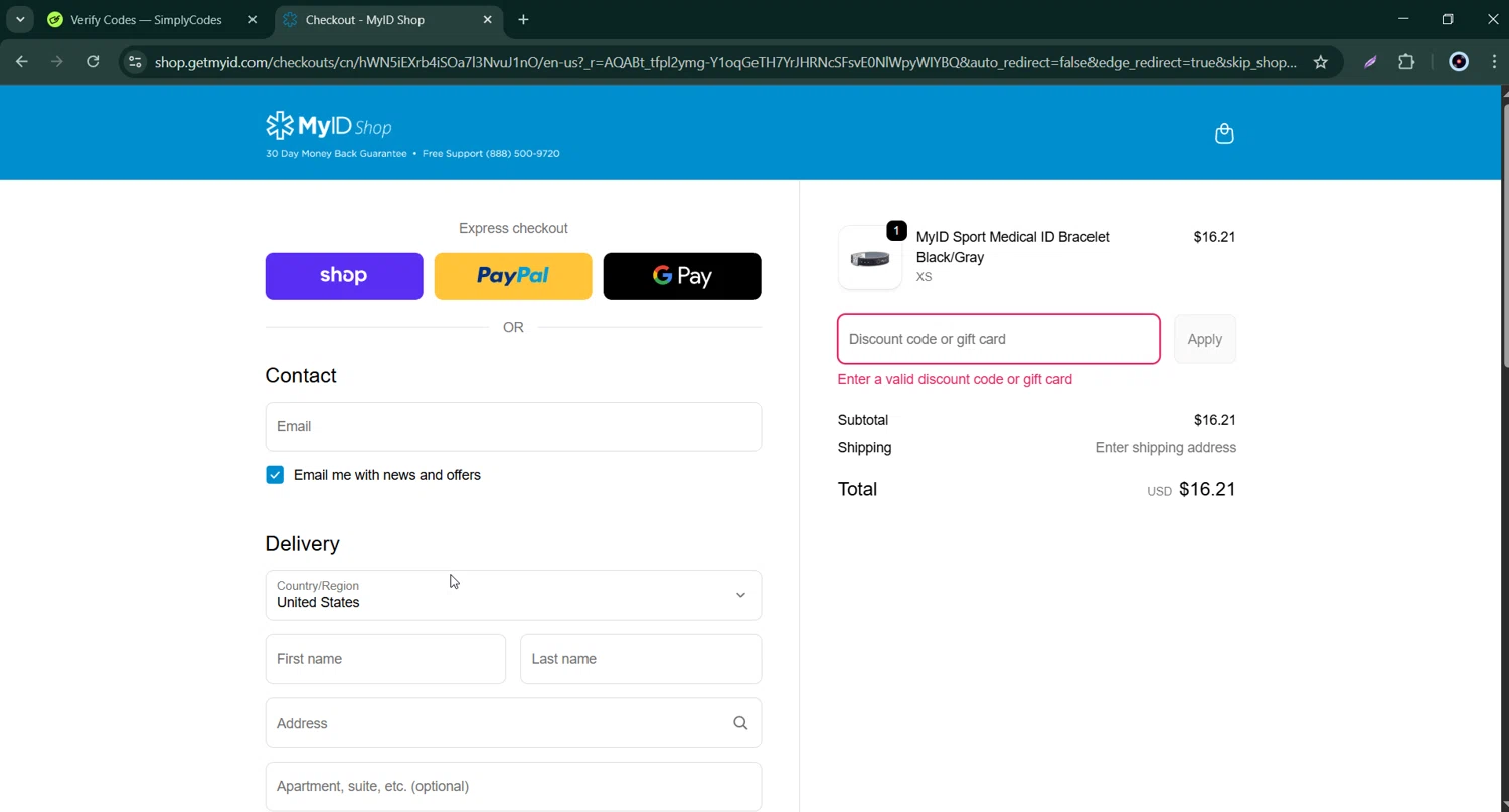 MyID Shop coupon code screenshot showing code AR4TL2CE applied at MyID Shop checkout page. Uploaded by SimplyCodes community member Bernard_Lowe on Nov 25, 2025