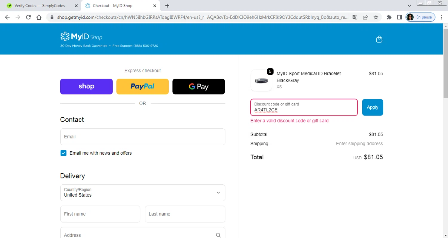 MyID Shop coupon code screenshot showing code AR4TL2CE applied at MyID Shop checkout page. Uploaded by SimplyCodes community member PrimeAdmiral8733 on Nov 25, 2025
