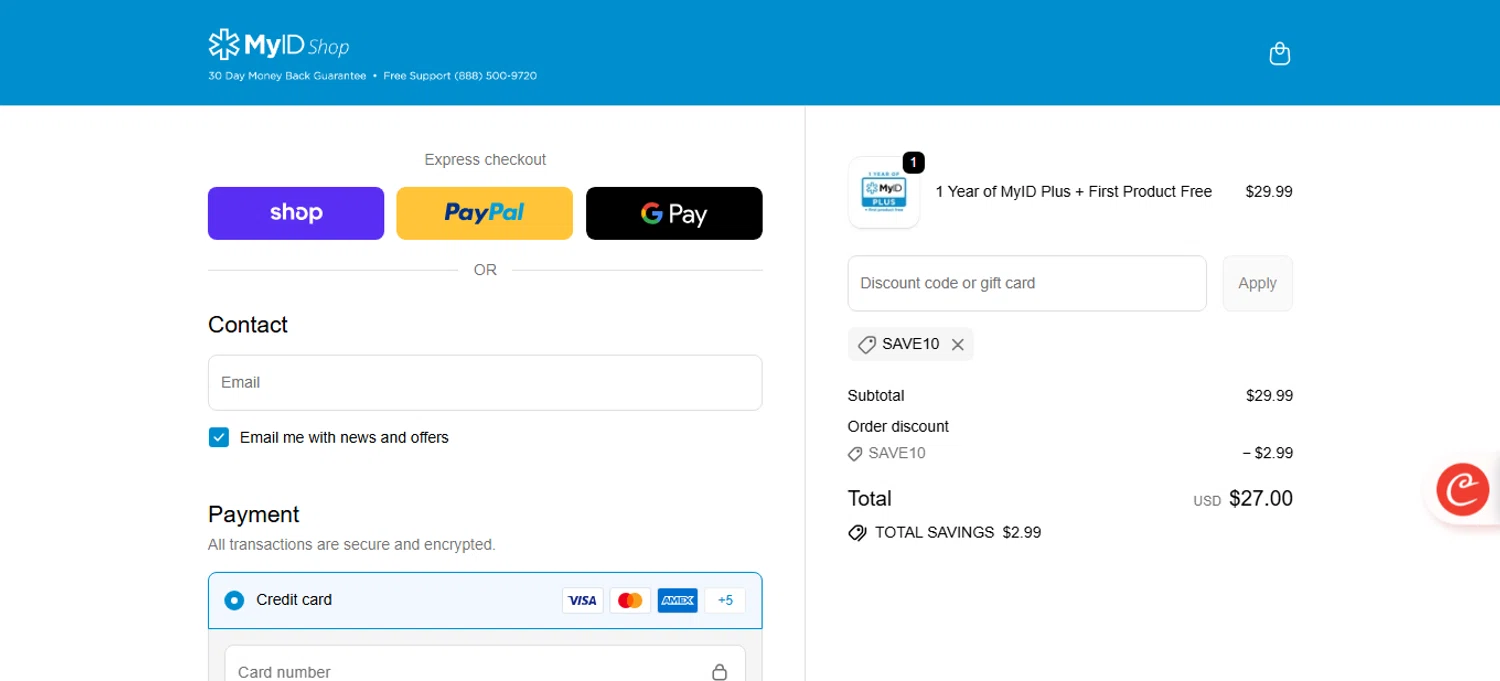 MyID Shop coupon code screenshot showing code SAVE10 applied at MyID Shop checkout page. Uploaded by SimplyCodes community member bettercallkim on Dec 2, 2025