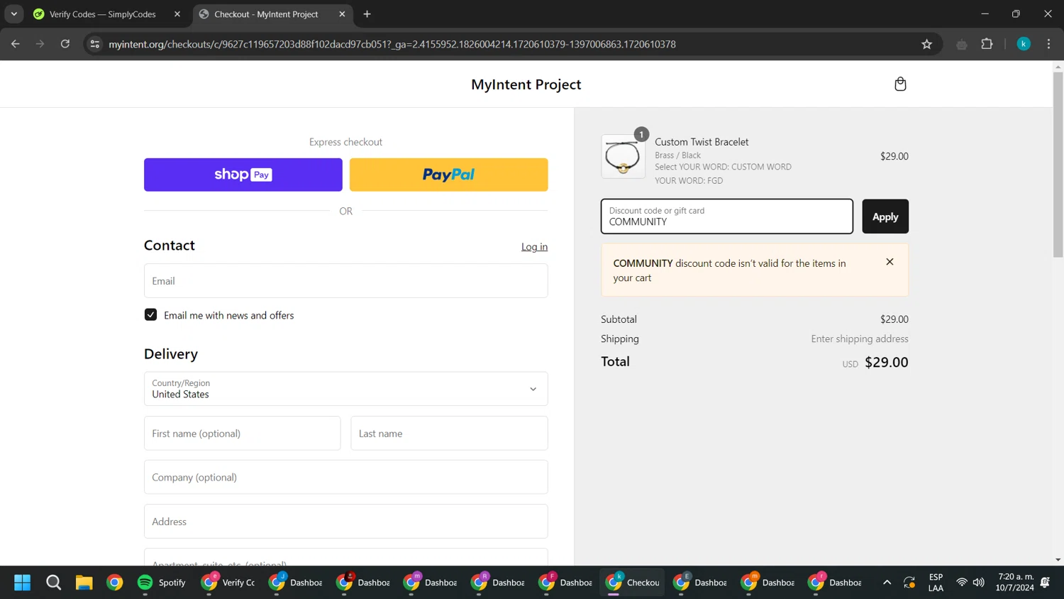 where to use Myintent promo code box