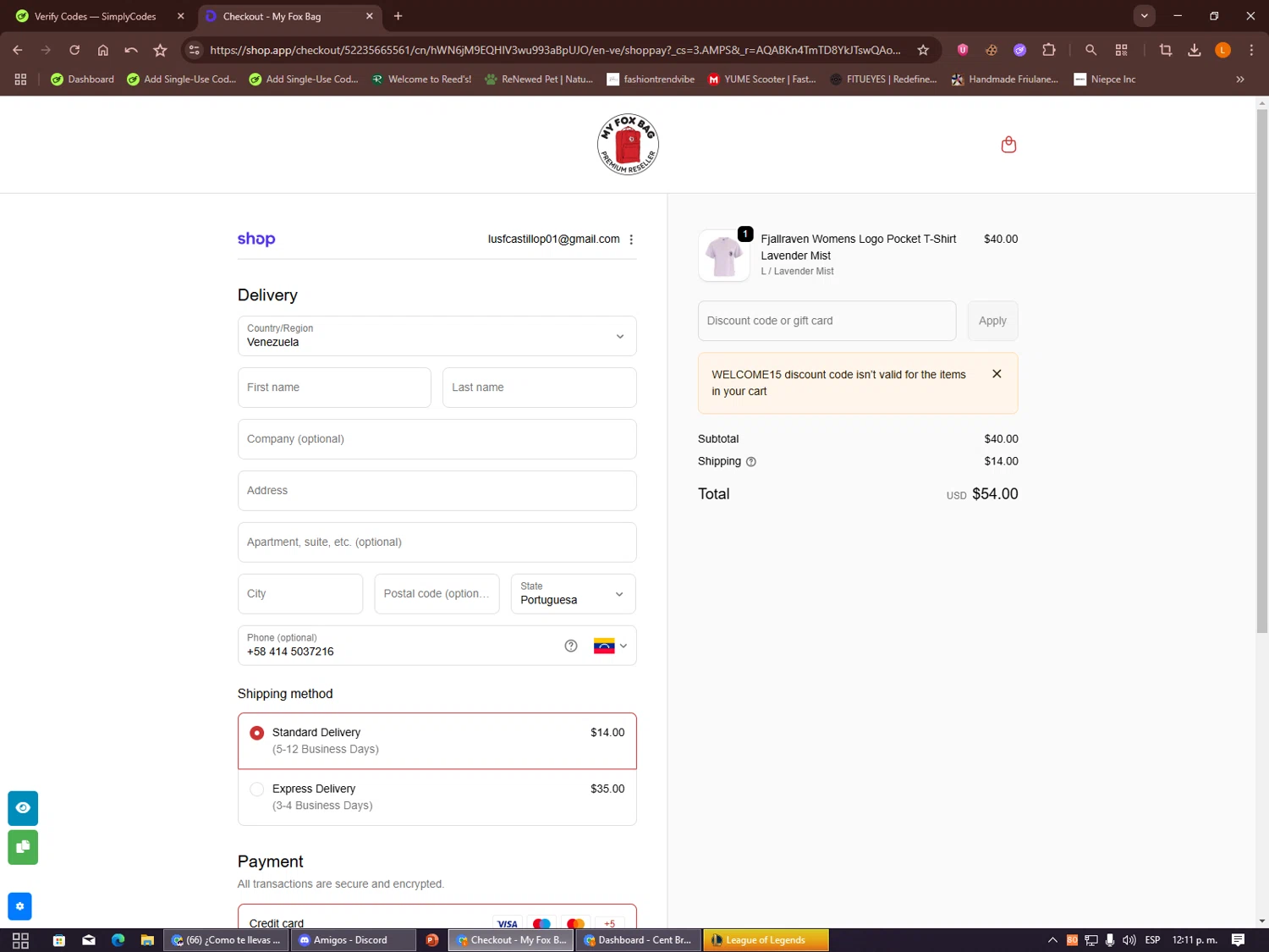 My Kanken Bag promo code screenshot showing code Welcome15 applied at My Kanken Bag checkout page. Uploaded by SimplyCodes community member Alalee on Dec 22, 2025