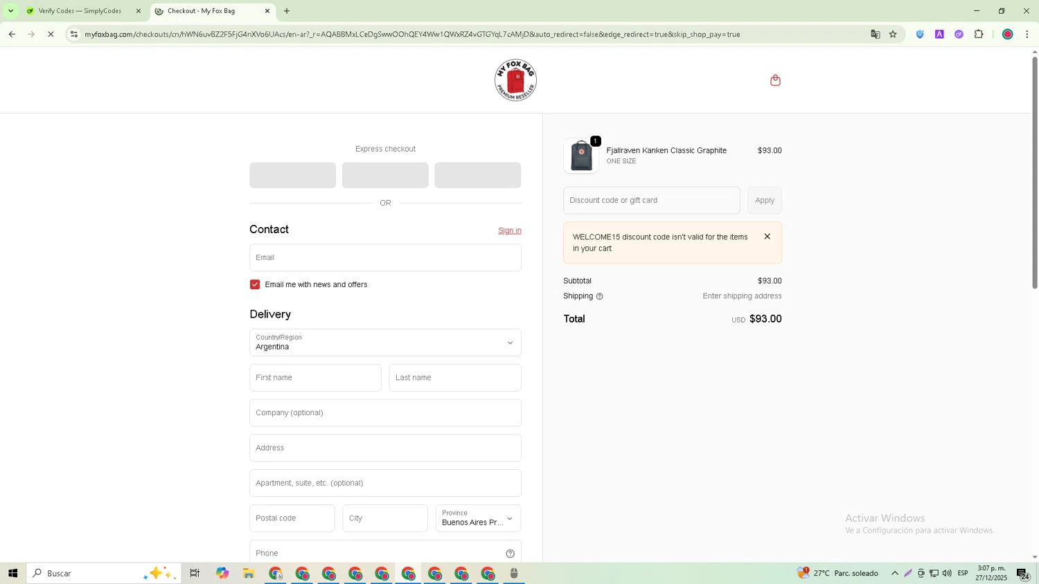 My Kanken Bag promo code screenshot showing code Welcome15 applied at My Kanken Bag checkout page. Uploaded by SimplyCodes community member Michael_Brown on Dec 27, 2025